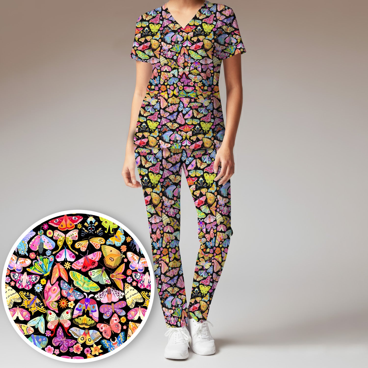 Cute Bright Butterfly Moth Floral Scrub Top, Breathable Fabrics Nursing Uniform