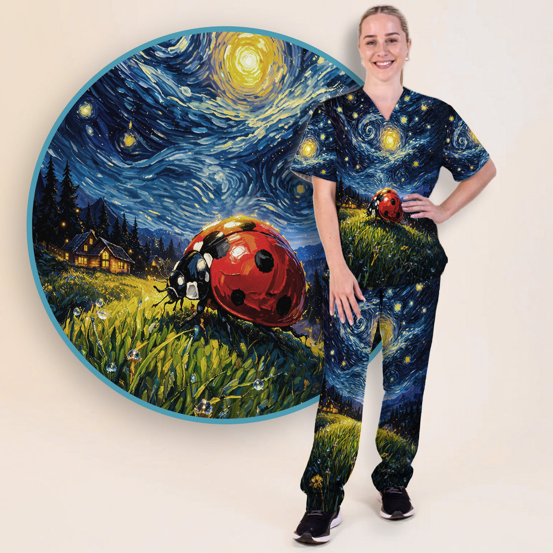 Swirl Night Sky Ladybug Landscape Art Print Scrub Set, Scrub Pants and V Neck Top