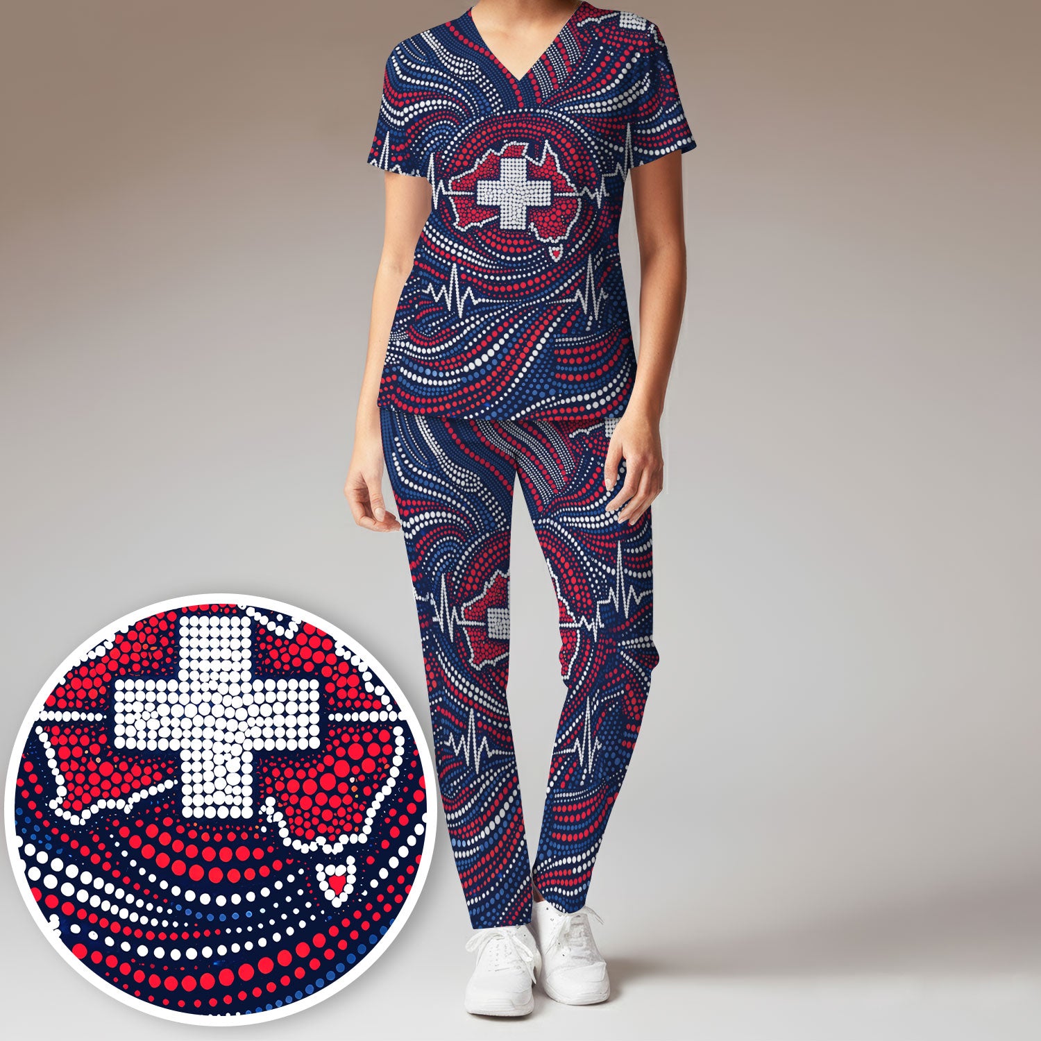 Dot Art Medical Cross Heartbeat Print Scrub, Women's Scrub Sets