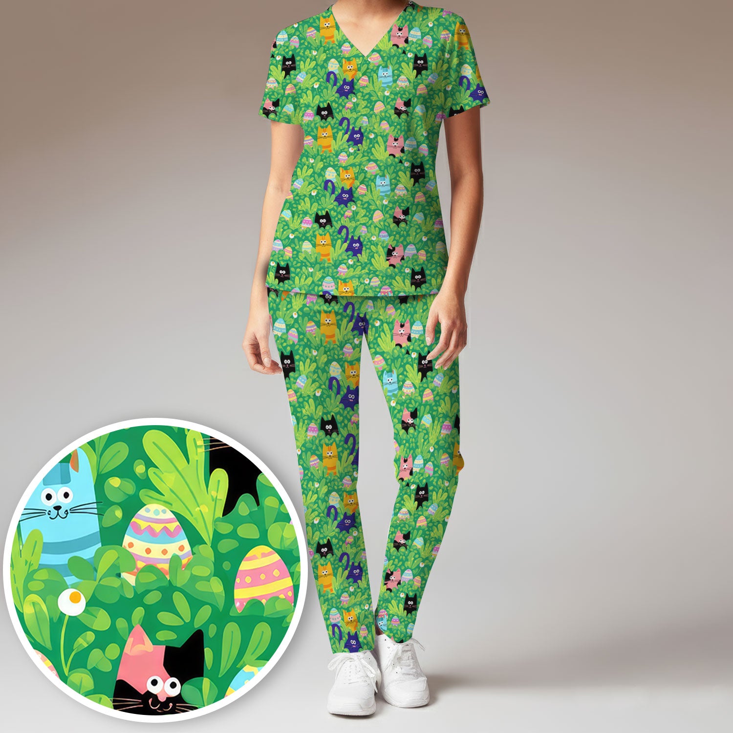 Colorful Easter Cats Green Leaves Print Scrub Sets, Scrub Pants and V Neck Top