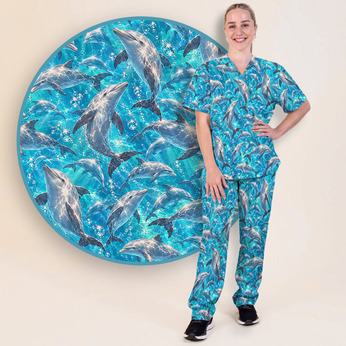 Blue Ocean Dolphin Pattern Scrub Set, Scrub Pants and V Neck Top