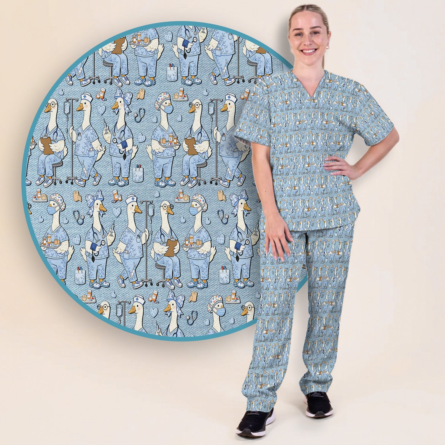 Cute Nurse Goose Working Pattern Scrub Set, Scrub Pants and V Neck Top