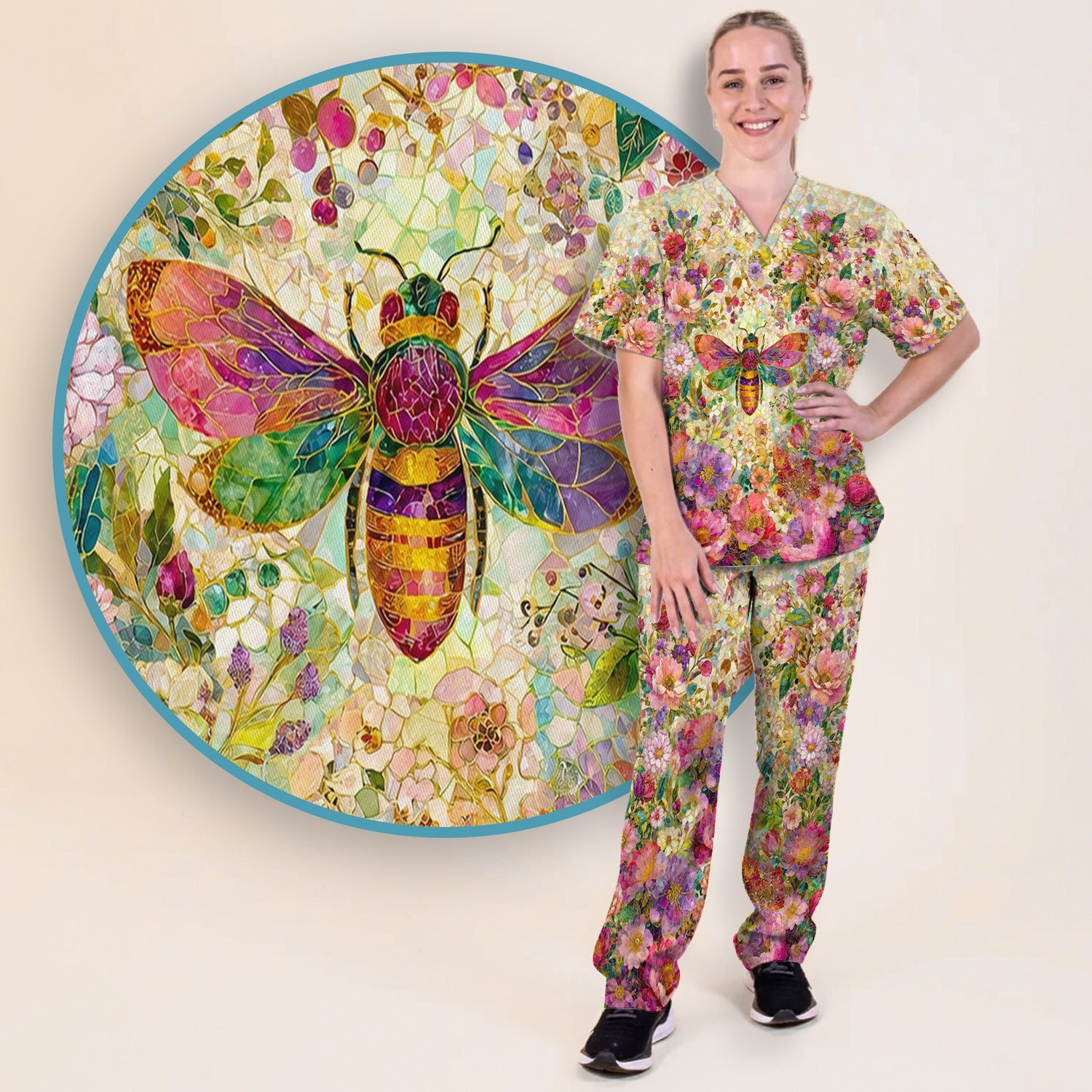 Vibrant Mosaic Bee Nurse for RN, CNA, Floral Garden Medical Scrub Set, Scrub Pants and V Neck Top