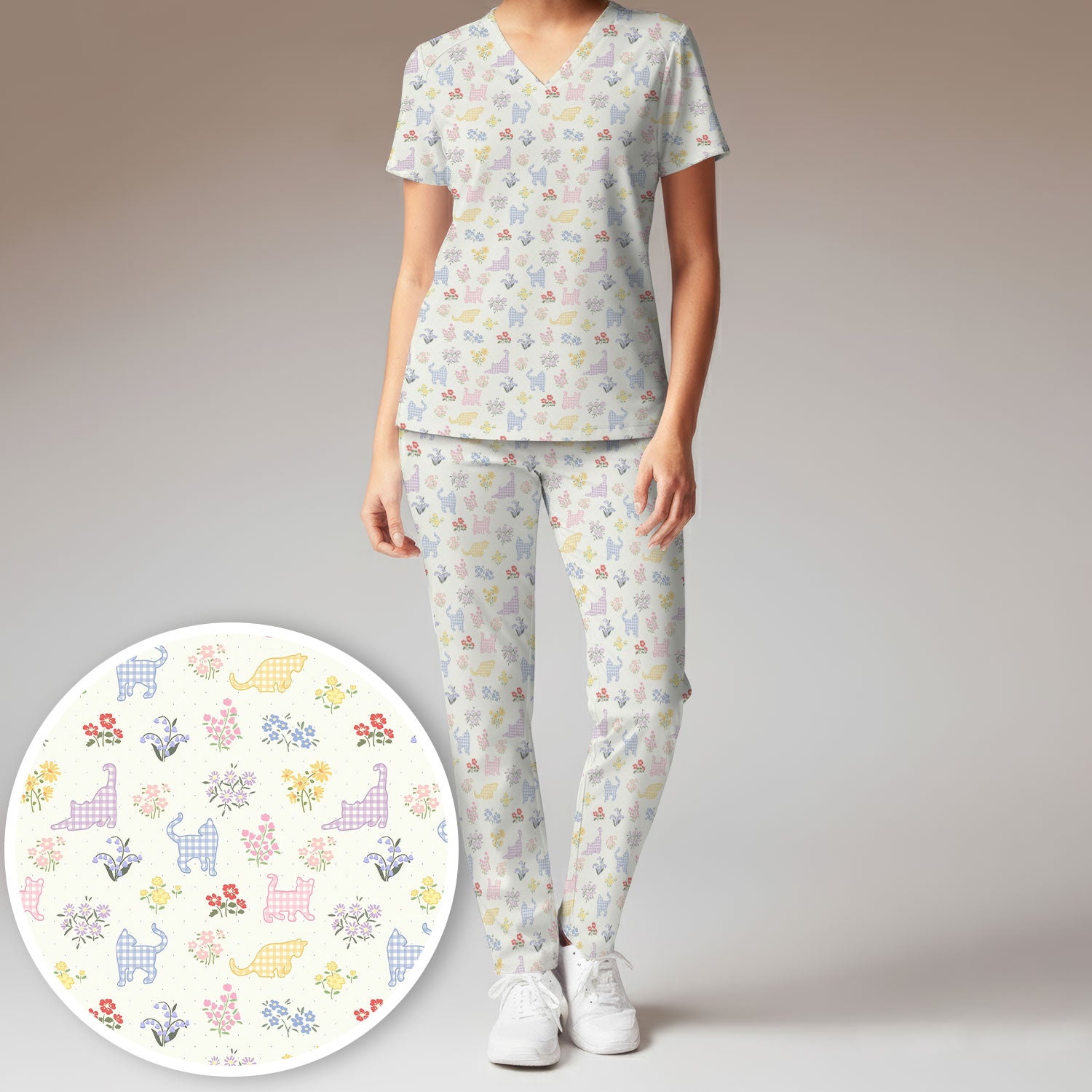 Pastel Cat Floral Nurse Scrub Set, Cute Cat Medical Pattern Shirt, Breathable Fabrics Nursing Uniform
