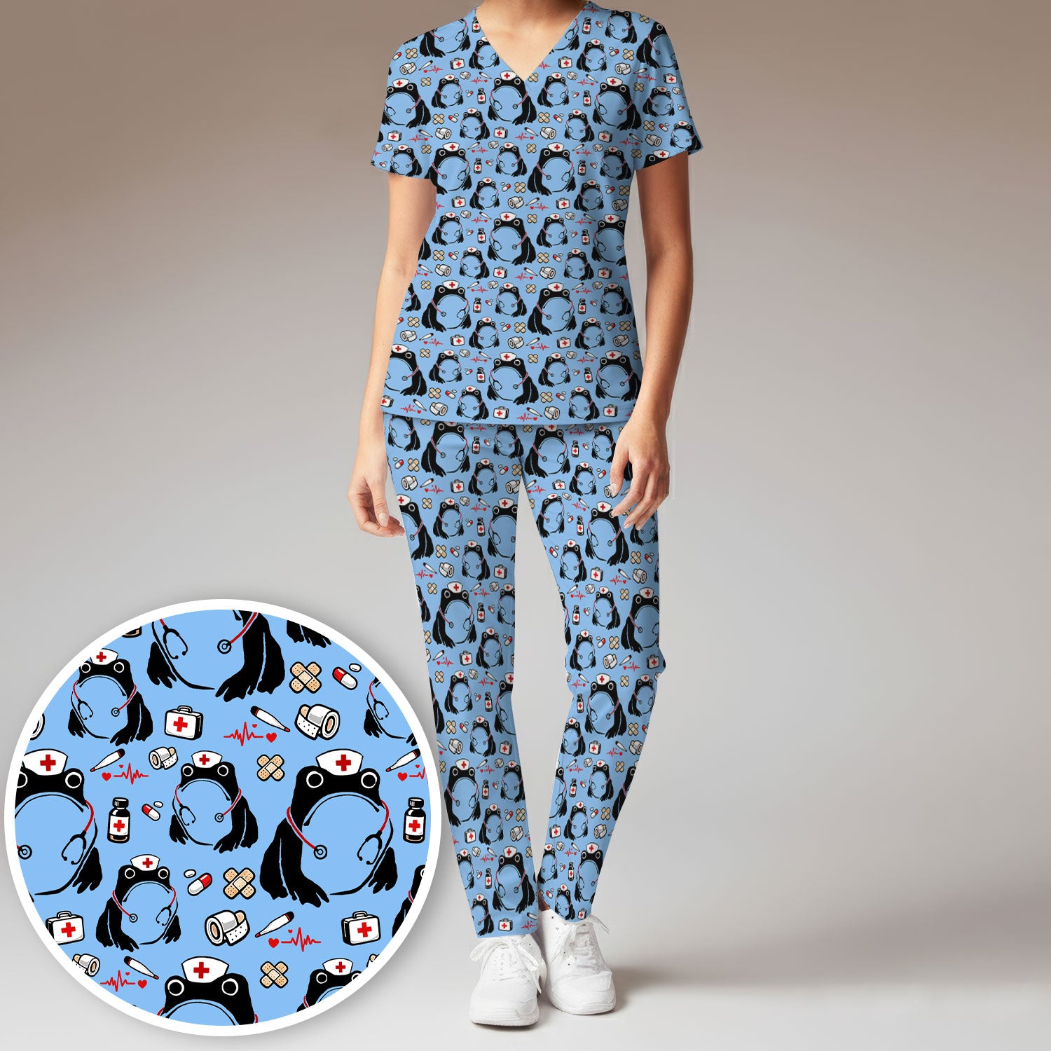 Cute Frog Nurse Medical Pattern Scrub Set, Breathable Med Uniform