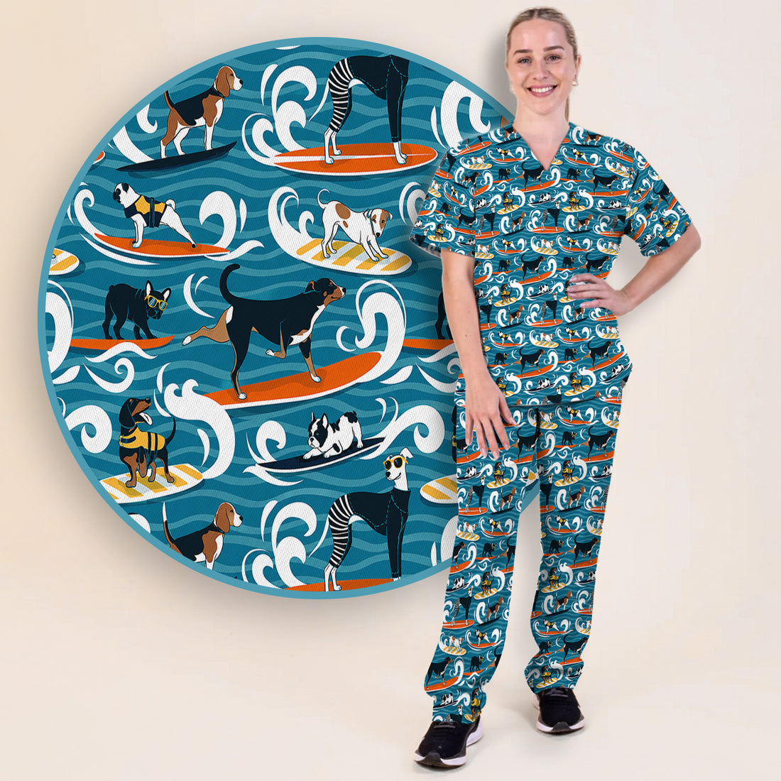 Surfing Dogs Ocean Wave Print Scrub Set, Scrub Pants and V Neck Top