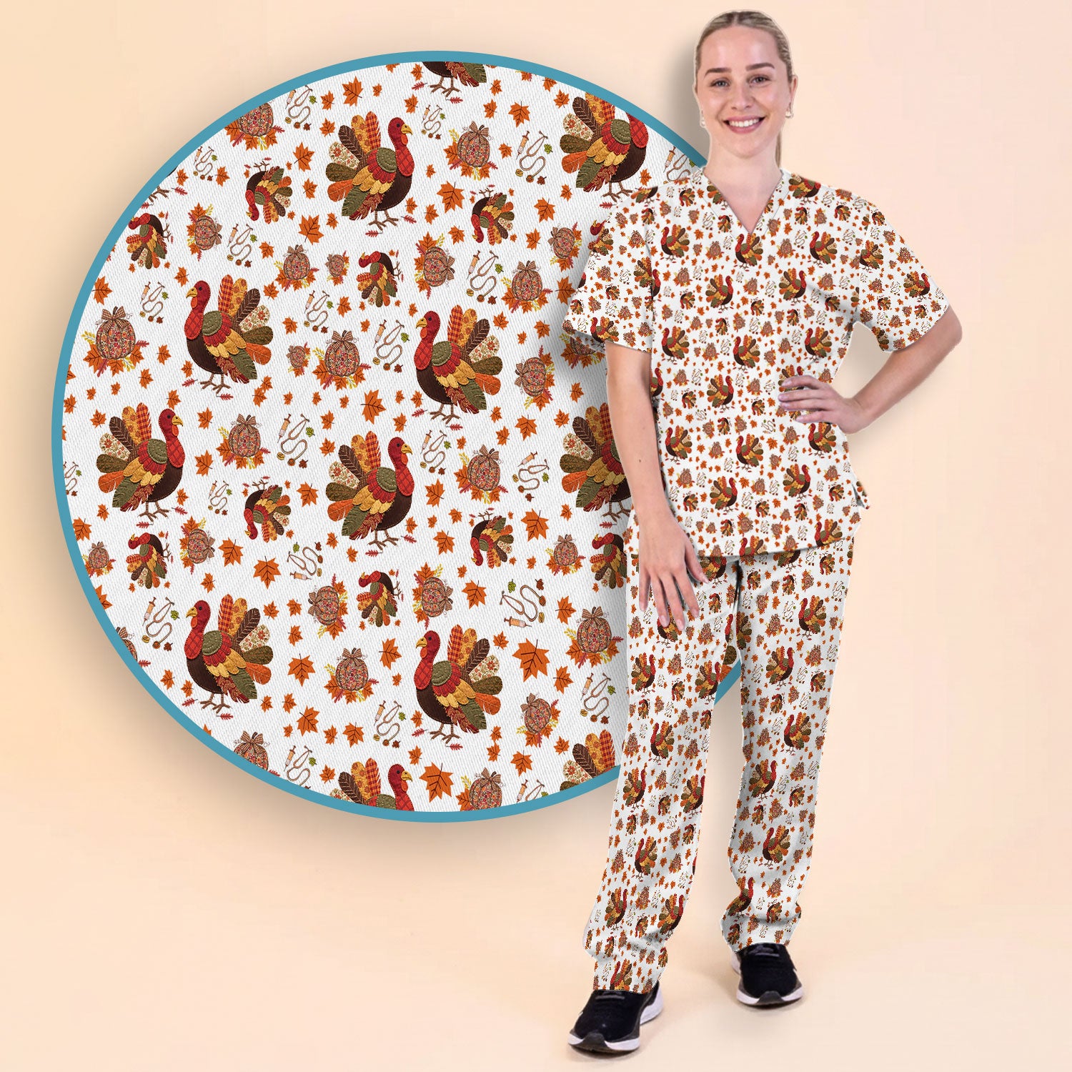 Thanksgiving Turkey Nurse Scrub Sets for Women - Fall Leaves Scrub Pants and V Neck Top - Autumn Nursing Uniform
