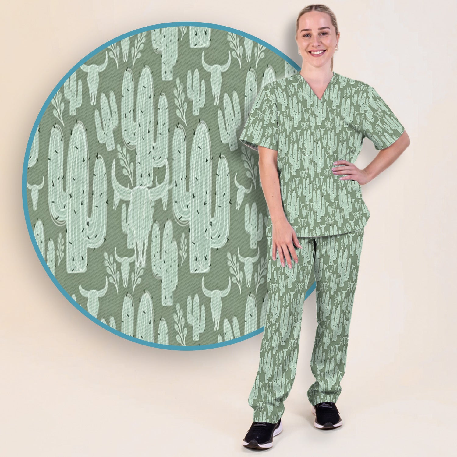 Funny Desert Cactus Skull Pattern Scrub Set, Scrub Pants and V Neck Top