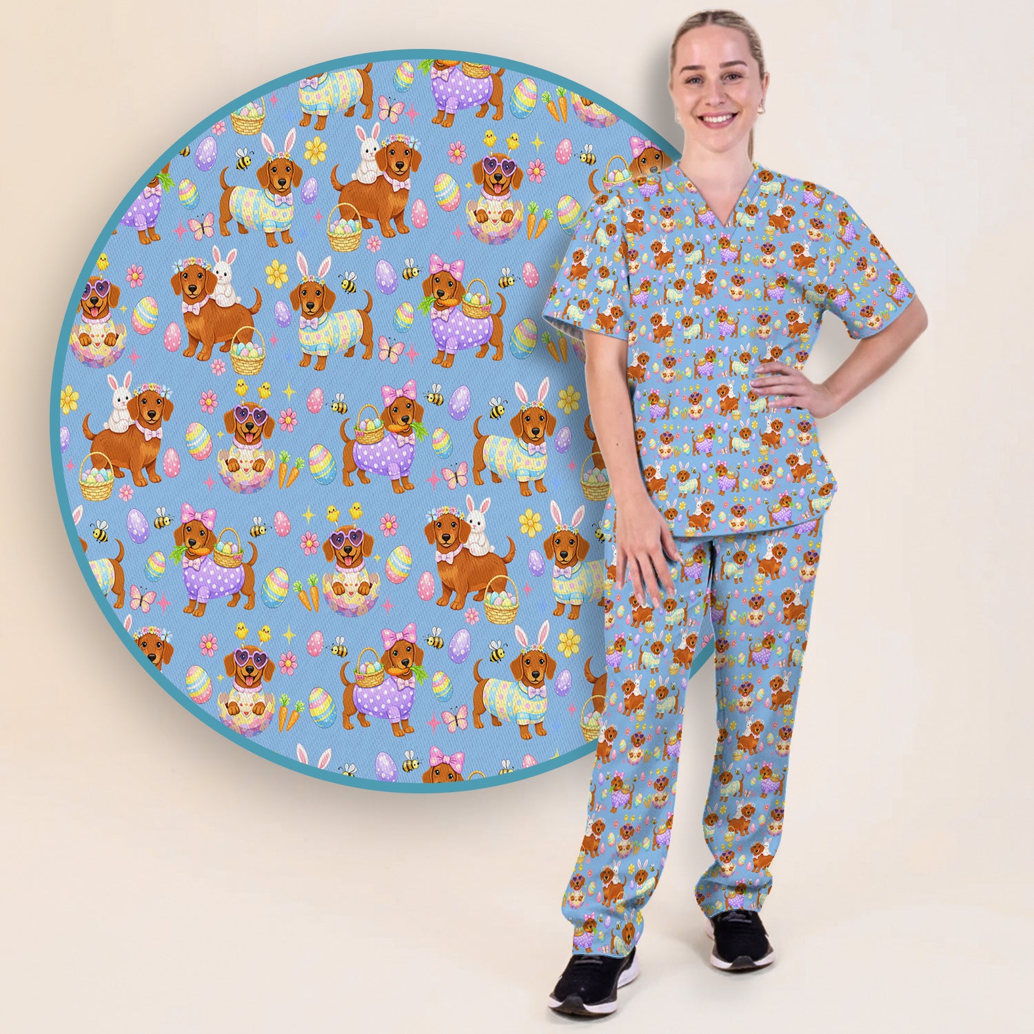 Cute Easter Dachshund Dog Pattern Scrub Set, Scrub Pants and V Neck Top