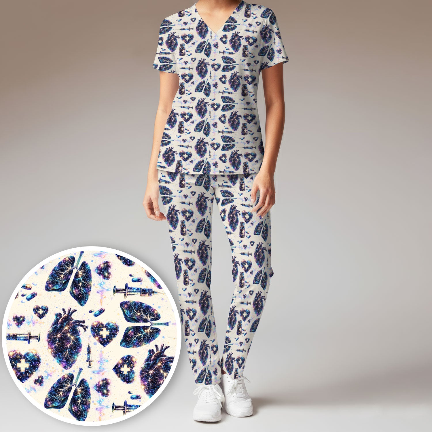 Galaxy Anatomical Heart Lung Syringe Print Scrub Set, Breathable Med Uniform