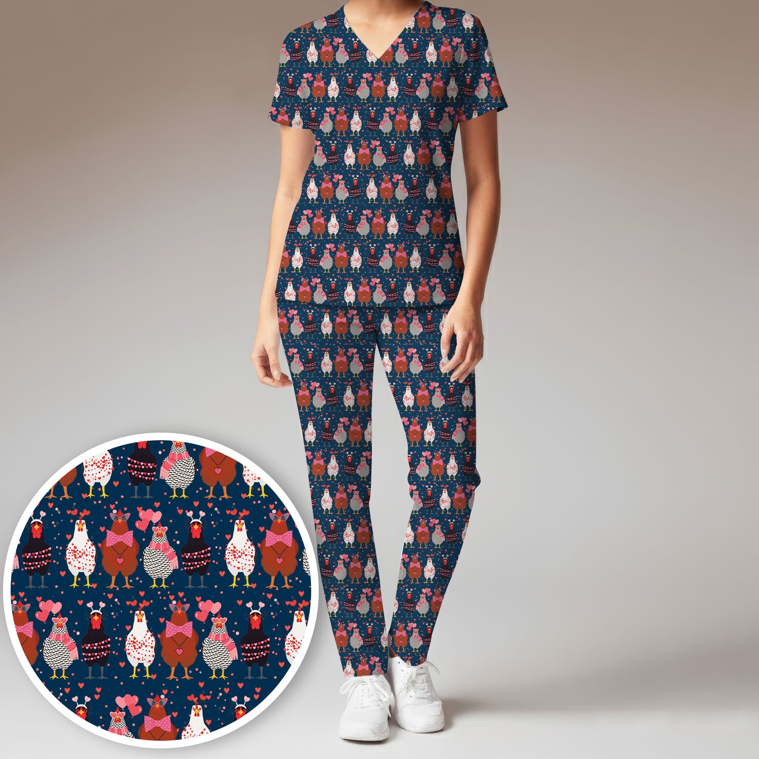 Funny Chicken Valentine Scrub Set, Chicken Pattern Scrub Shirt For Nursing, Valentine Gift For Nurse
