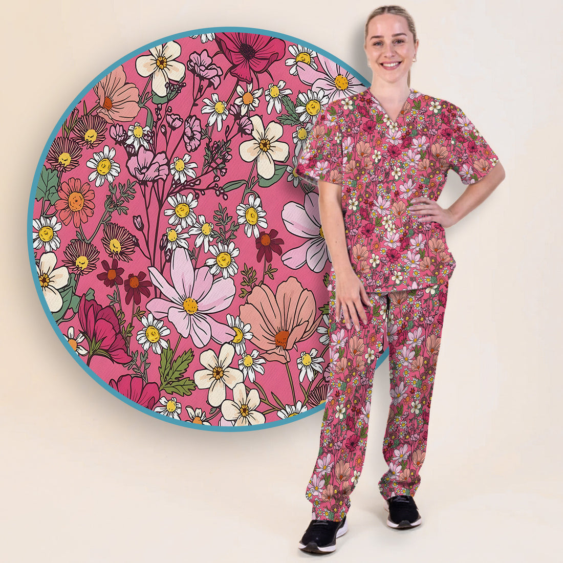 Pink Daisy Wildflower Nurse Pattern Scrub Set, Scrub Pants and V Neck Top
