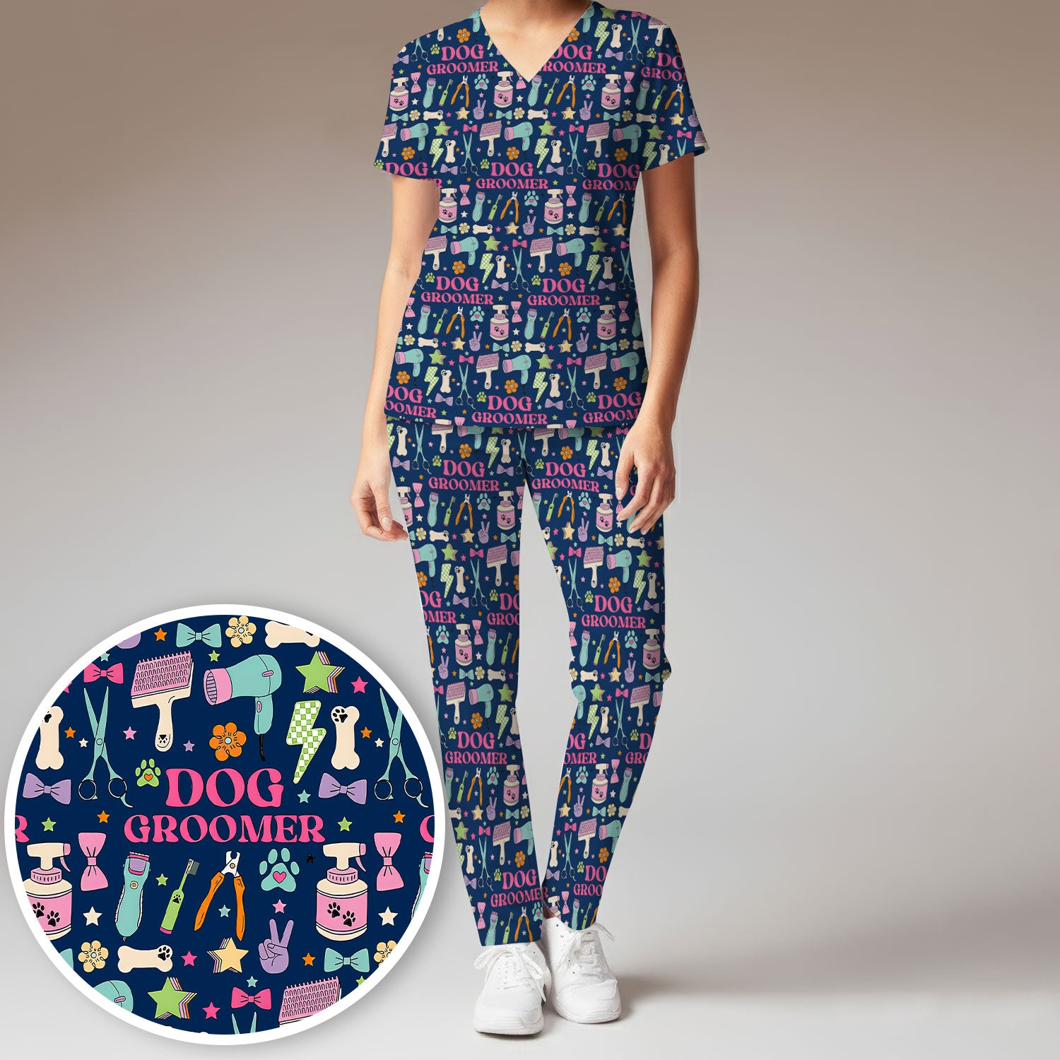 Dog Groomer Tools Pattern Women's Scrub Set, Scrub Pants and V Neck Top