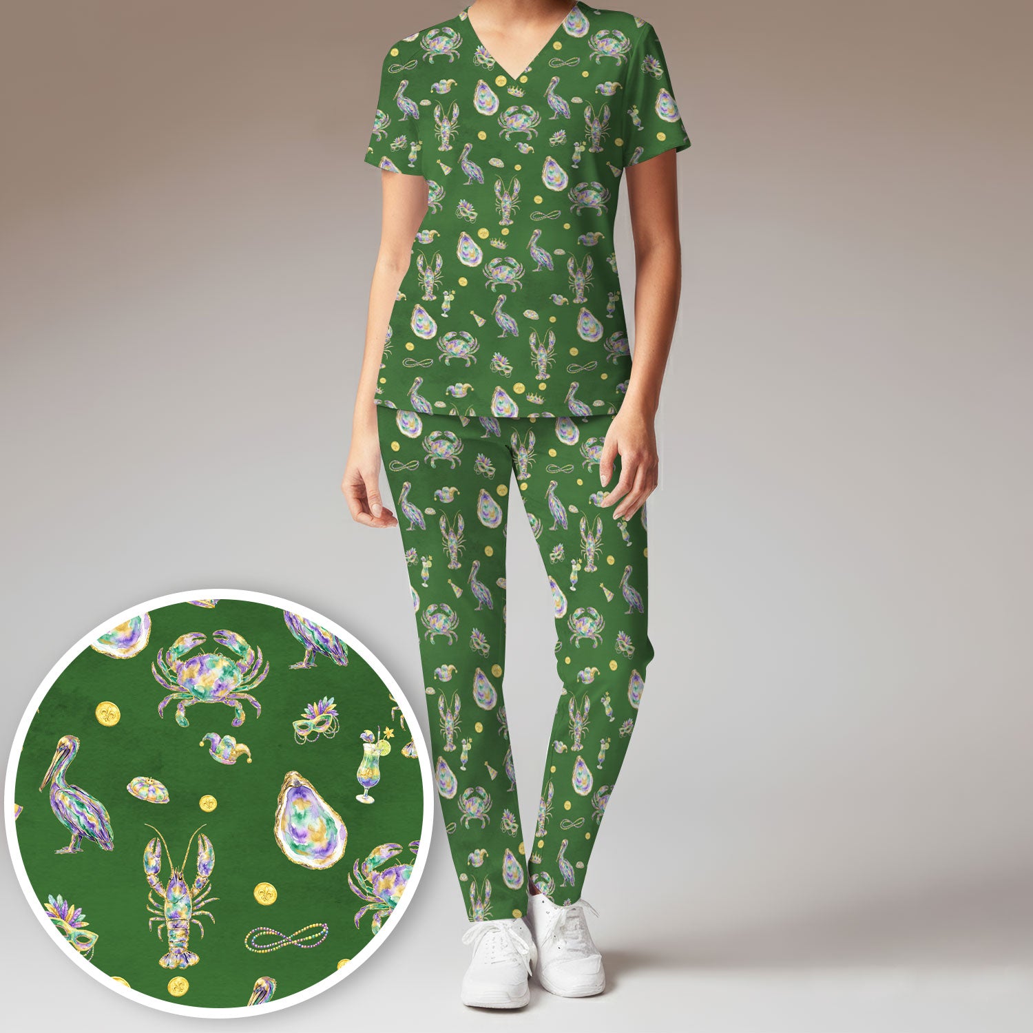 Mardi Gras Seafood Nurse Scrub Set, Comfortable Uniform Scrubs For Nursing