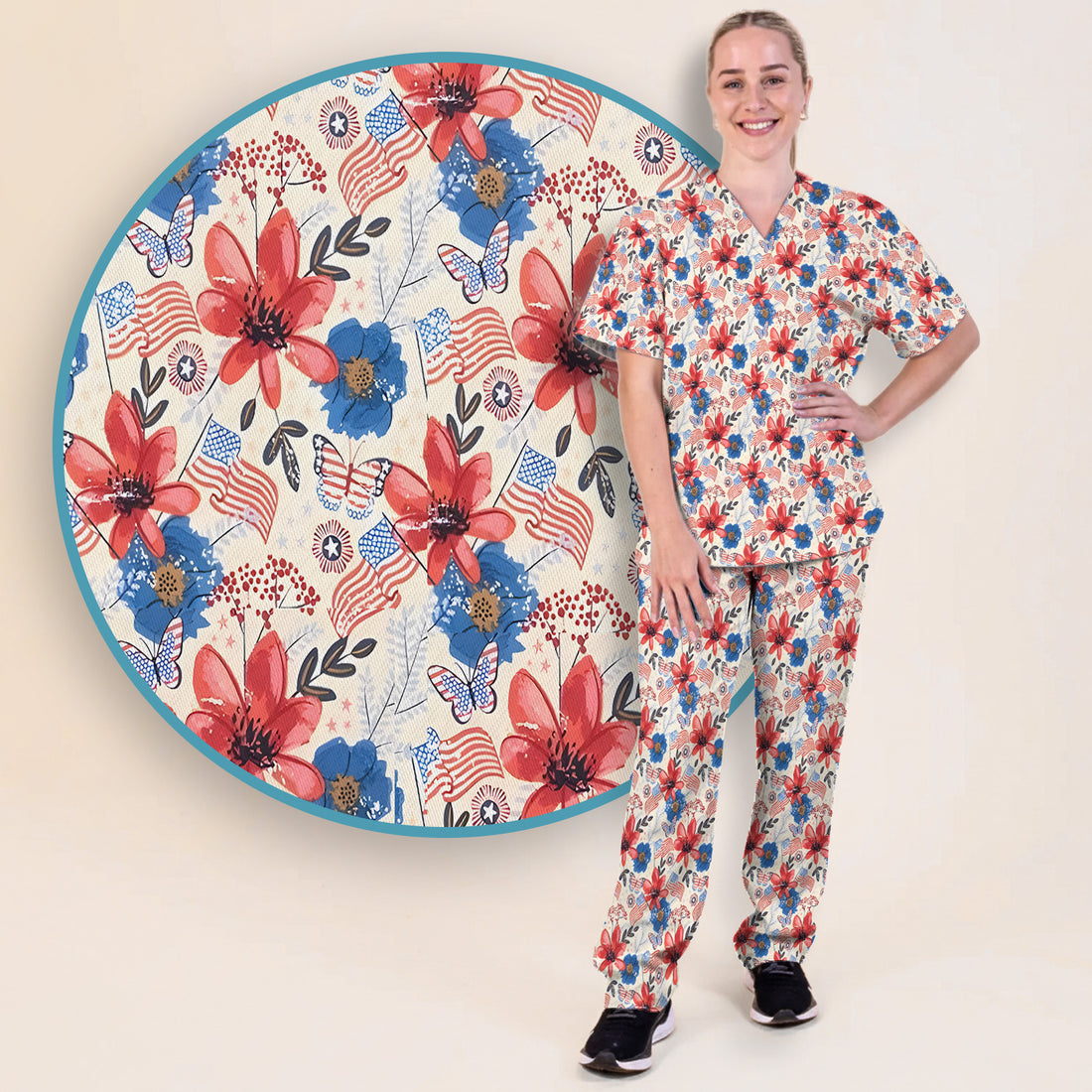 Patriotic Wildflower Flag Butterfly Pattern Scrub Set, Scrub Pants and V Neck Top