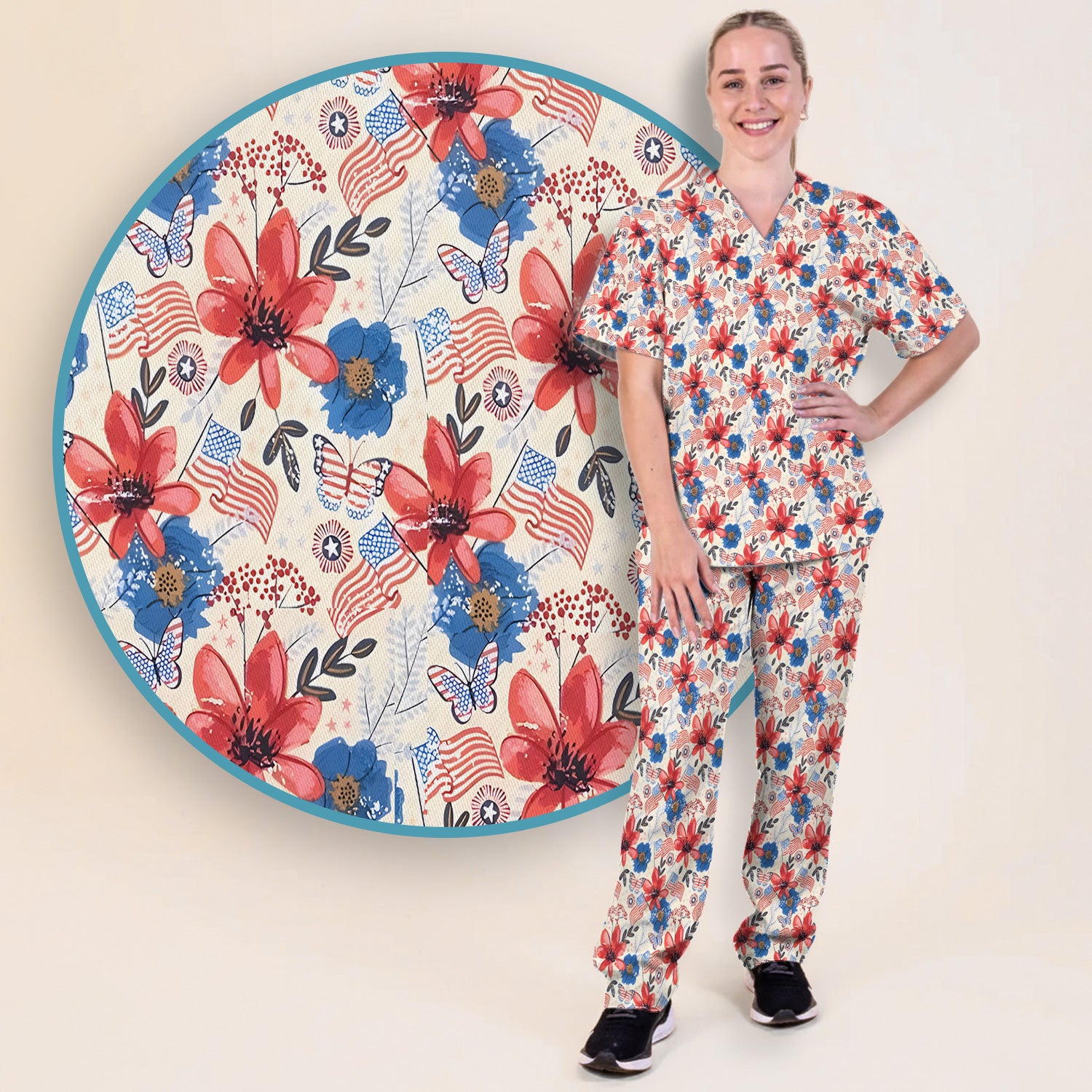 Patriotic Wildflower Flag Butterfly Pattern Scrub Set, Scrub Pants and V Neck Top