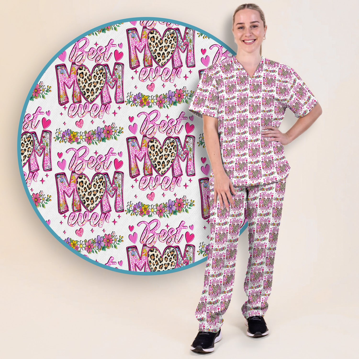 Best Mom Ever Leopard Heart Floral Pattern Scrub Set, Nurse Uniform Scrubs Set
