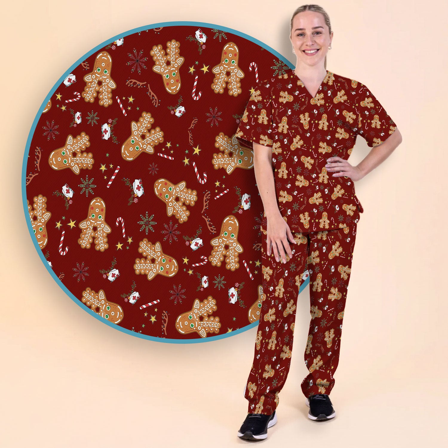 Gingerbread Cookies Reindeer Women's Scrub Sets - Comfortable Scrubs for Nurses - Funny Christmas Med Uniform