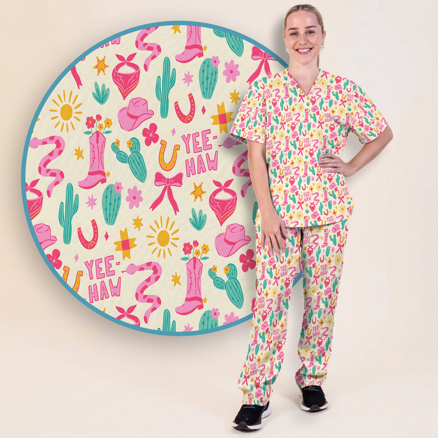 Pink Western Cowgirl Nurse Pattern Scrub Set, Scrub Pants and V Neck Top