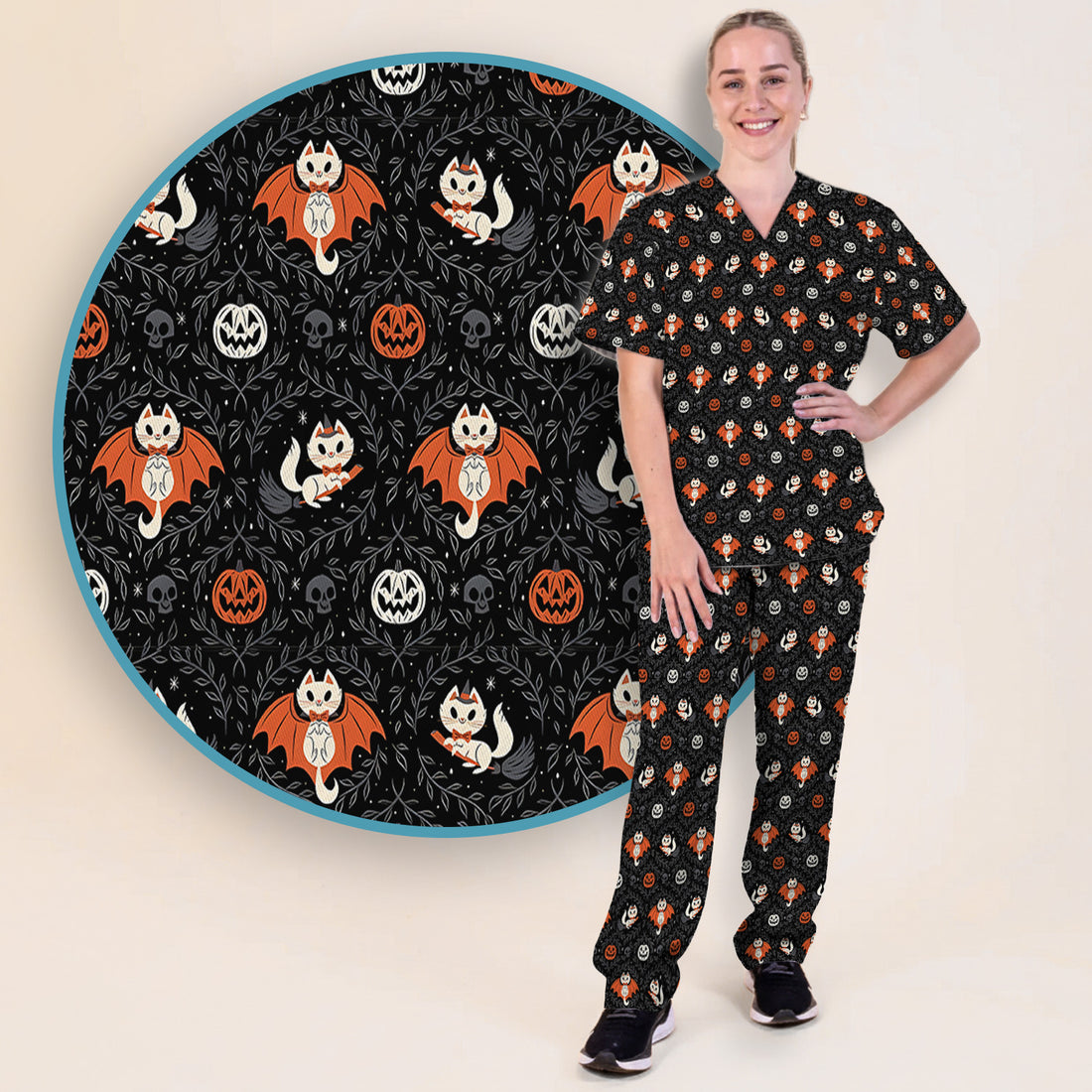 Cute Halloween Vampire Cat Pattern Scrub Set, Scrub Pants and V Neck Top