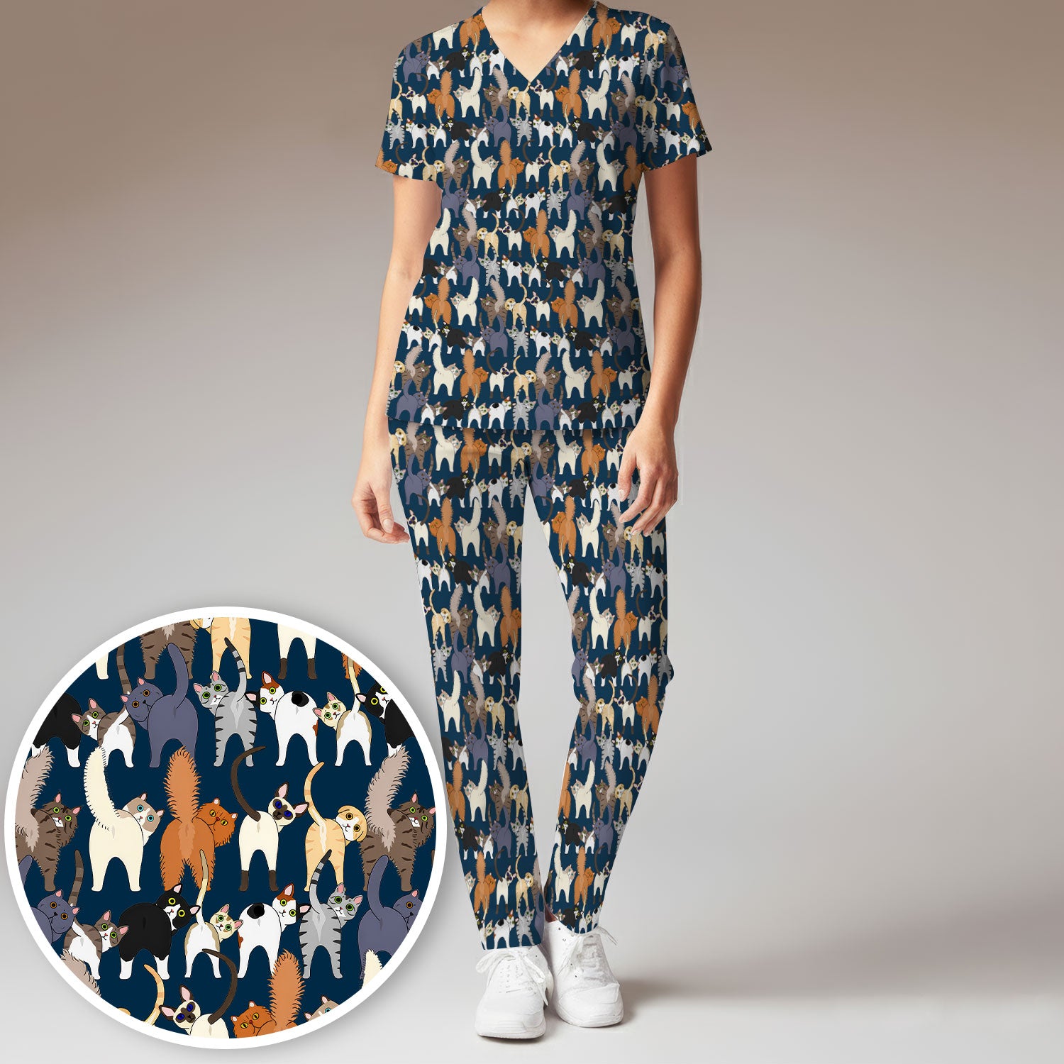Whimsical Multicolor Cat Cartoon Pattern Scrub Set, Breathable Med Uniform