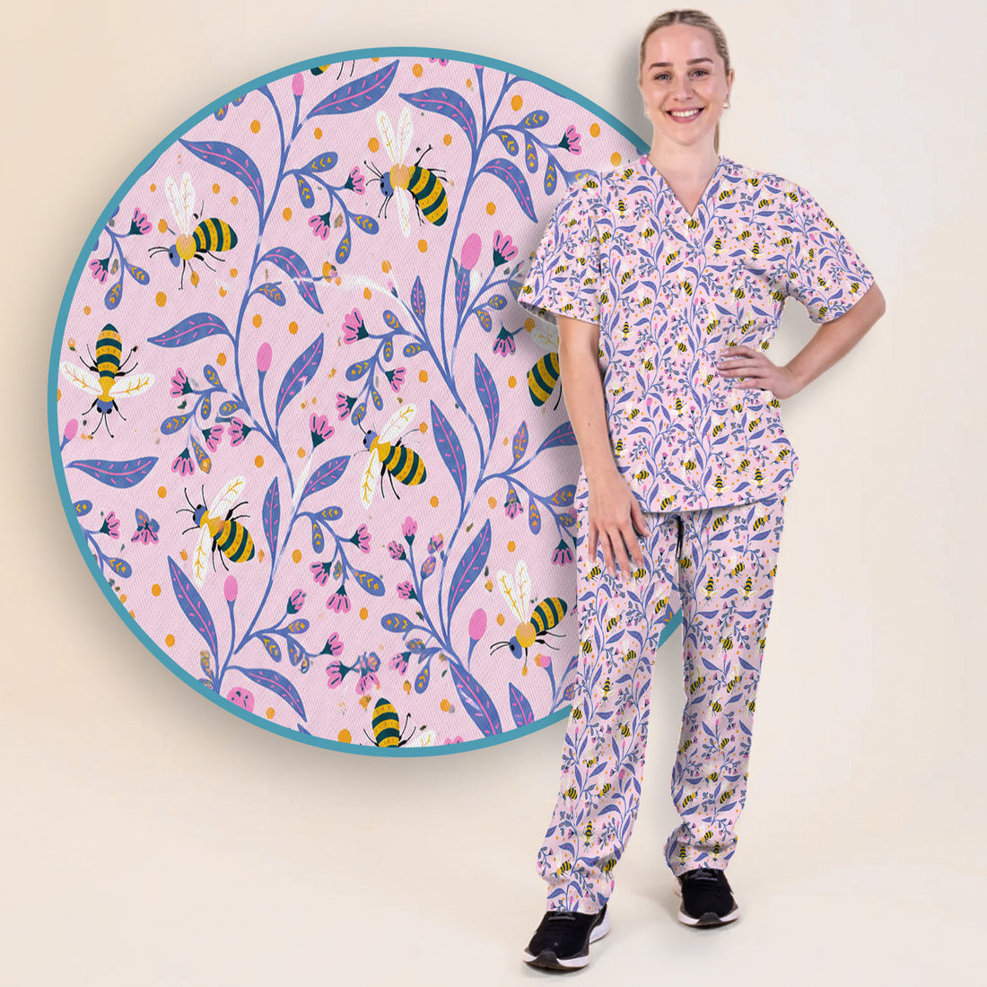 Cute Bumble Bee Floral Pattern Scrub Set, Scrub Pants and V Neck Top