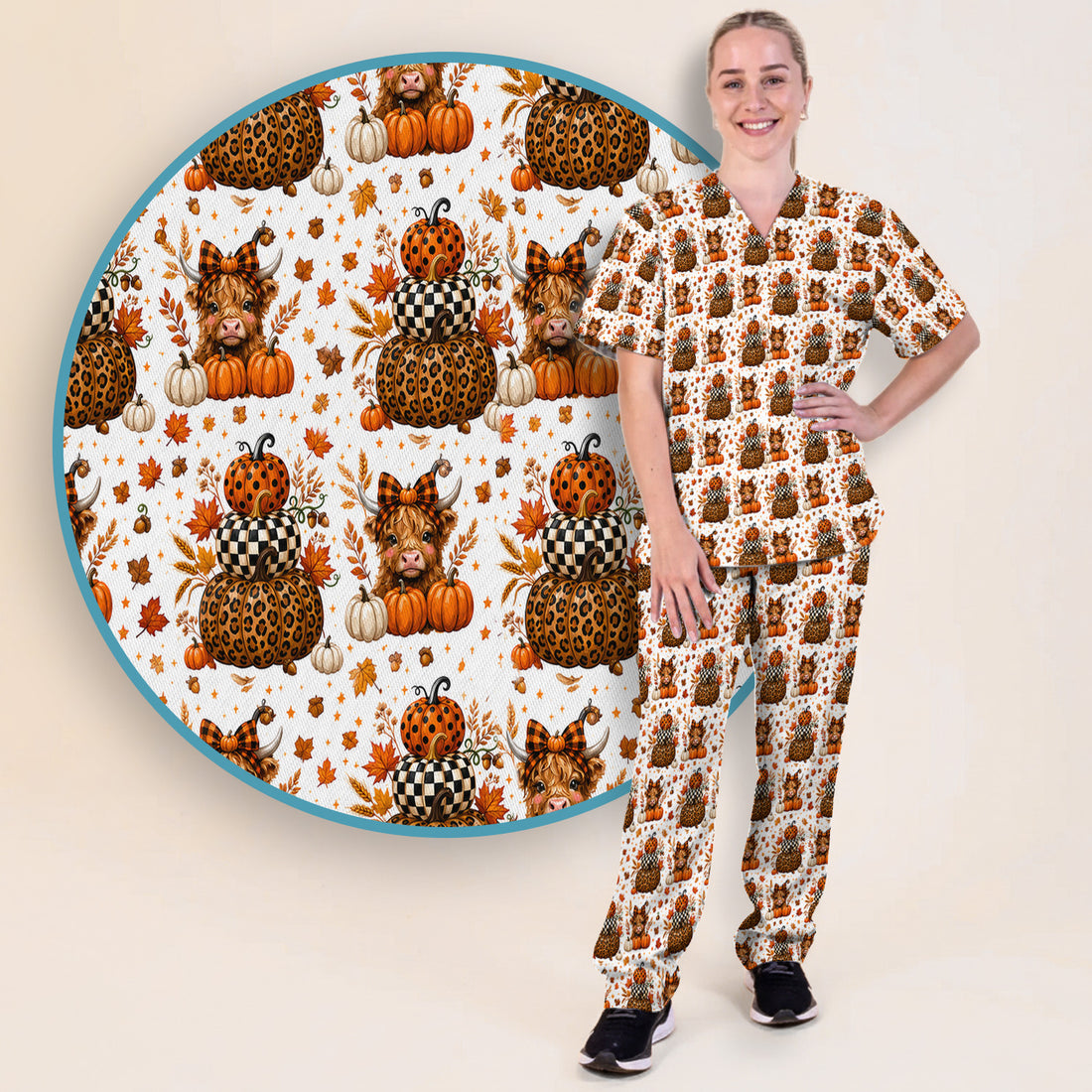 Fall Highland Cow Pattern Scrub Set, Scrub Pants and V Neck Top