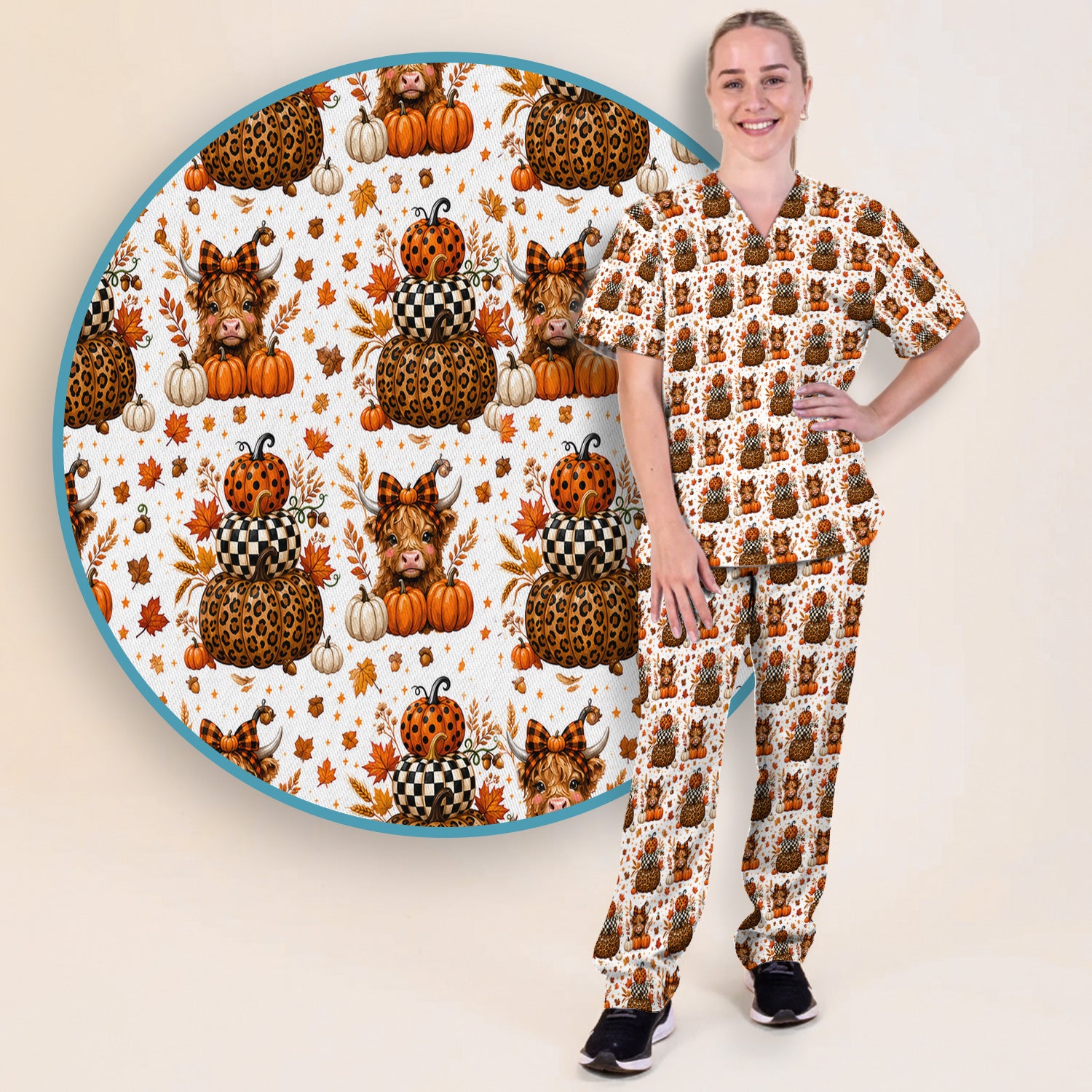 Fall Highland Cow Pattern Scrub Set, Scrub Pants and V Neck Top