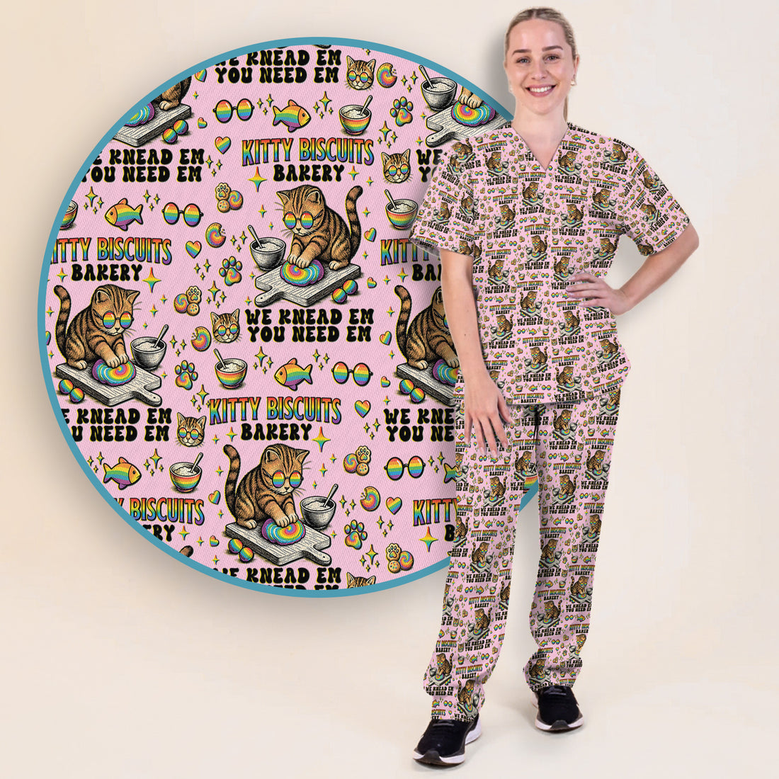 Pride Nurse Cat Baking Rainbow Dough Pattern Scrub Set, Women's Scrub Sets