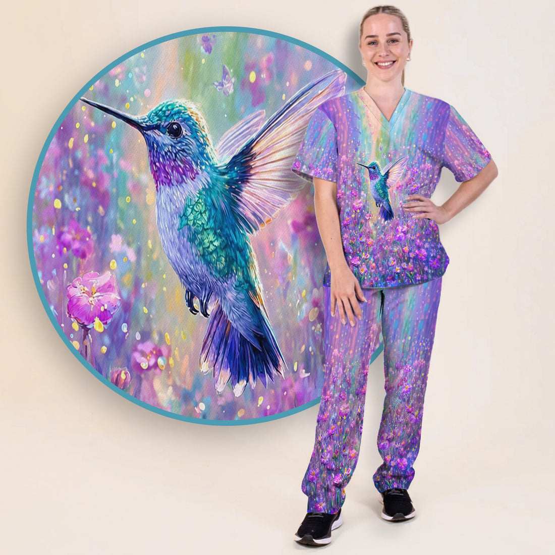 Watercolor Hummingbird with Purple Floral Garden Print Scrub Set, Scrub Pants and V Neck Top