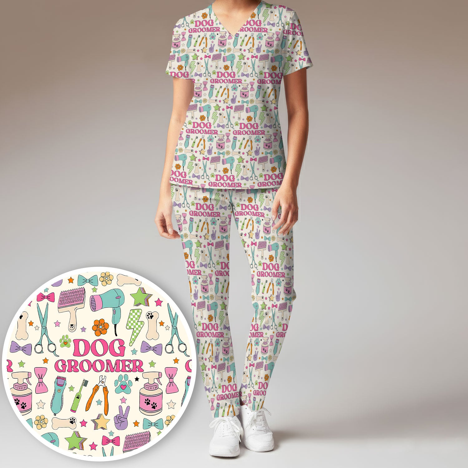 Dog Groomer Tools Pattern Women's Scrub Set, Scrub Pants and V Neck Top
