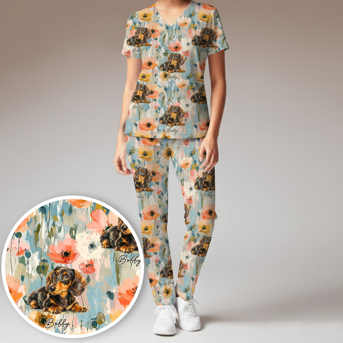Personalized Dachshund Floral Portrait Pattern Scrub Set, Scrub Pants and V Neck Top