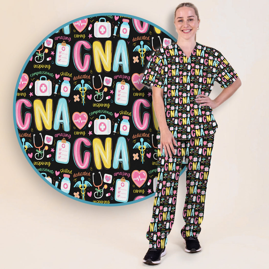 CNA Nurse Appreciation Pattern Scrub Set, Breathable Med Uniform