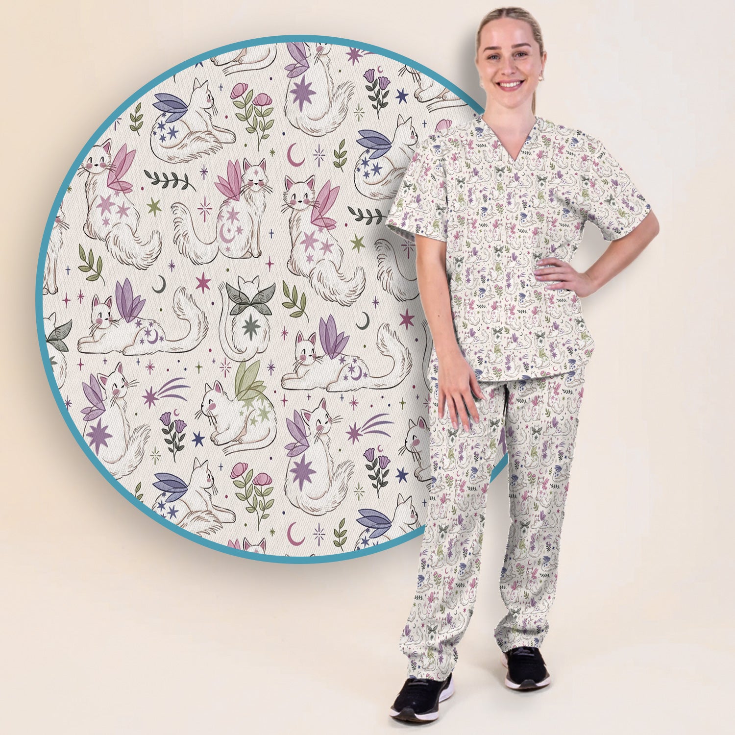 Cute Fairy Cat Moon Star Floral Pattern Scrub Set, Scrub Pants and V Neck Top
