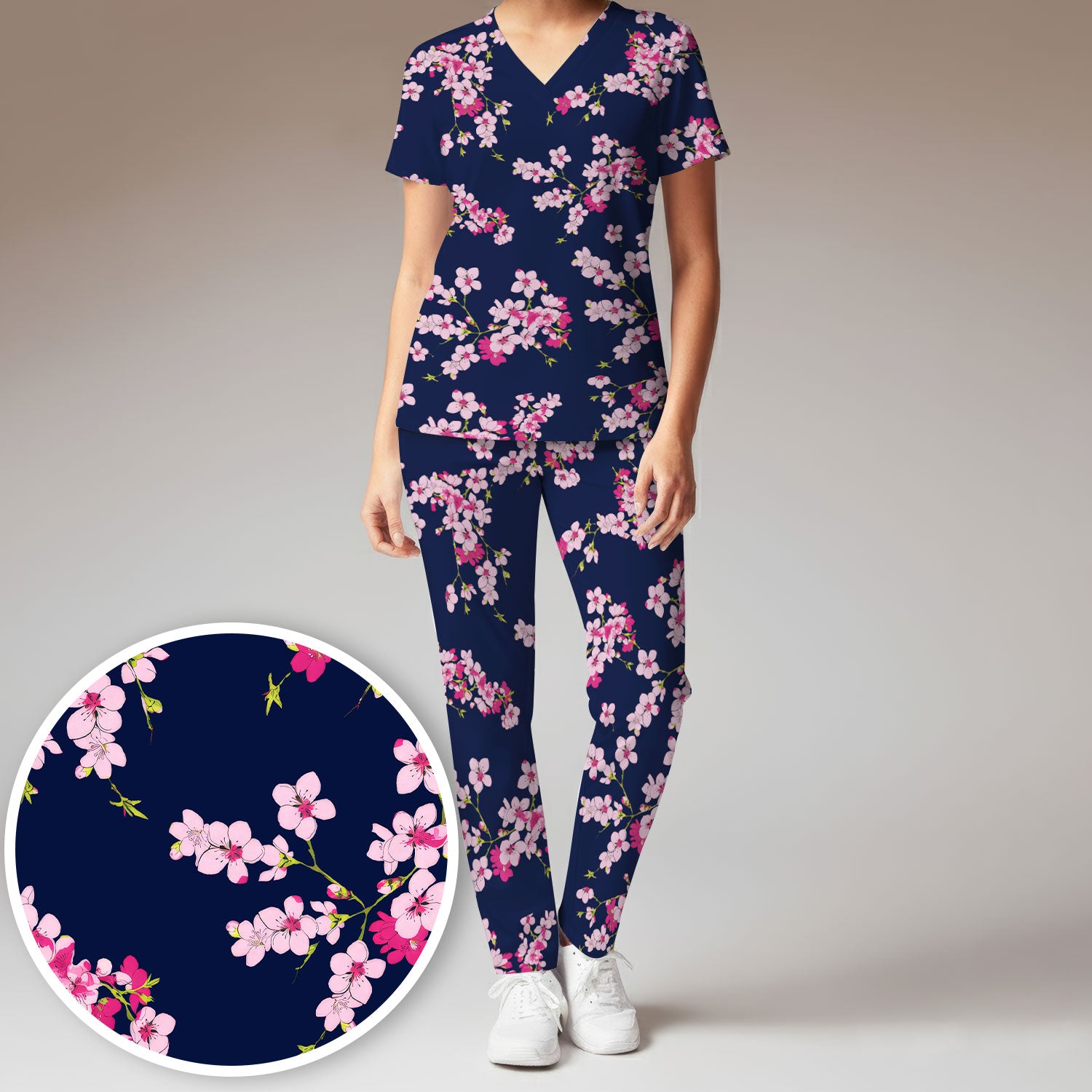 Elegant Cherry Blossom Floral Pattern Scrub Set , Breathable Med Uniform