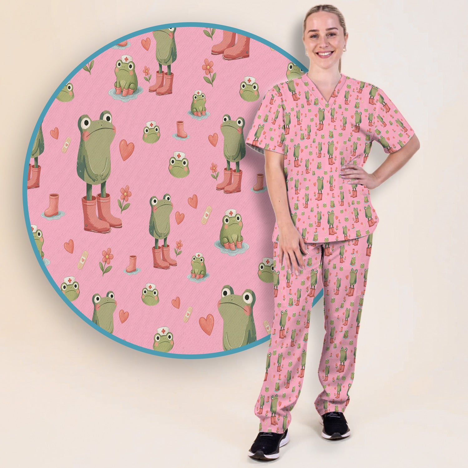 Adorable Frog Boots Heart Pattern Scrub Set, Nurse Uniform Scrubs Set