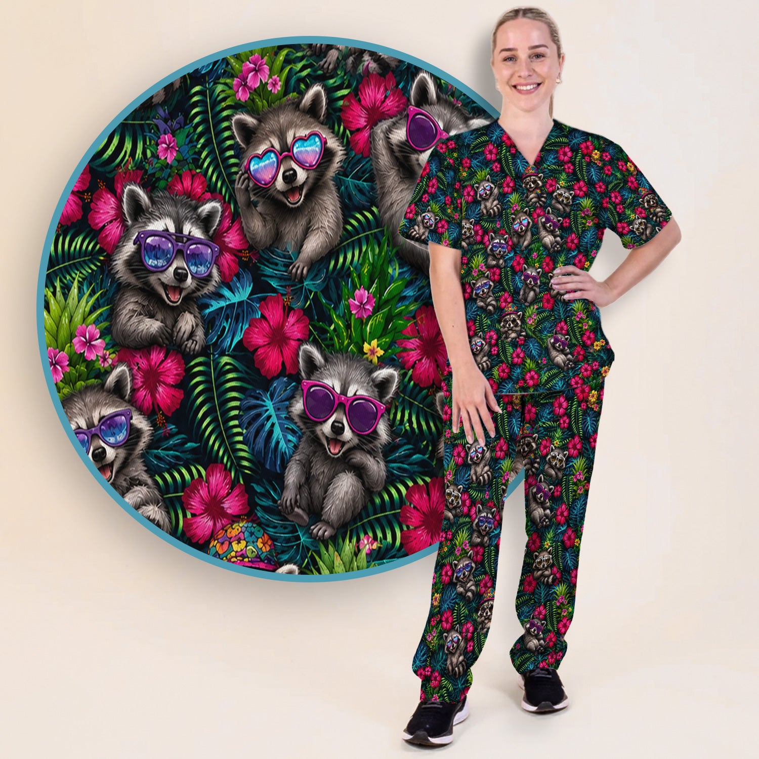 Tropical Raccoon Nurse Floral Pattern Scrub Set, Scrub Pants and V Neck Top