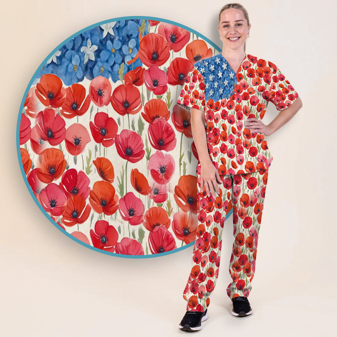 Memorial Day Nurse Poppy American Flag Scrub Set, Scrub Pants and V Neck Top