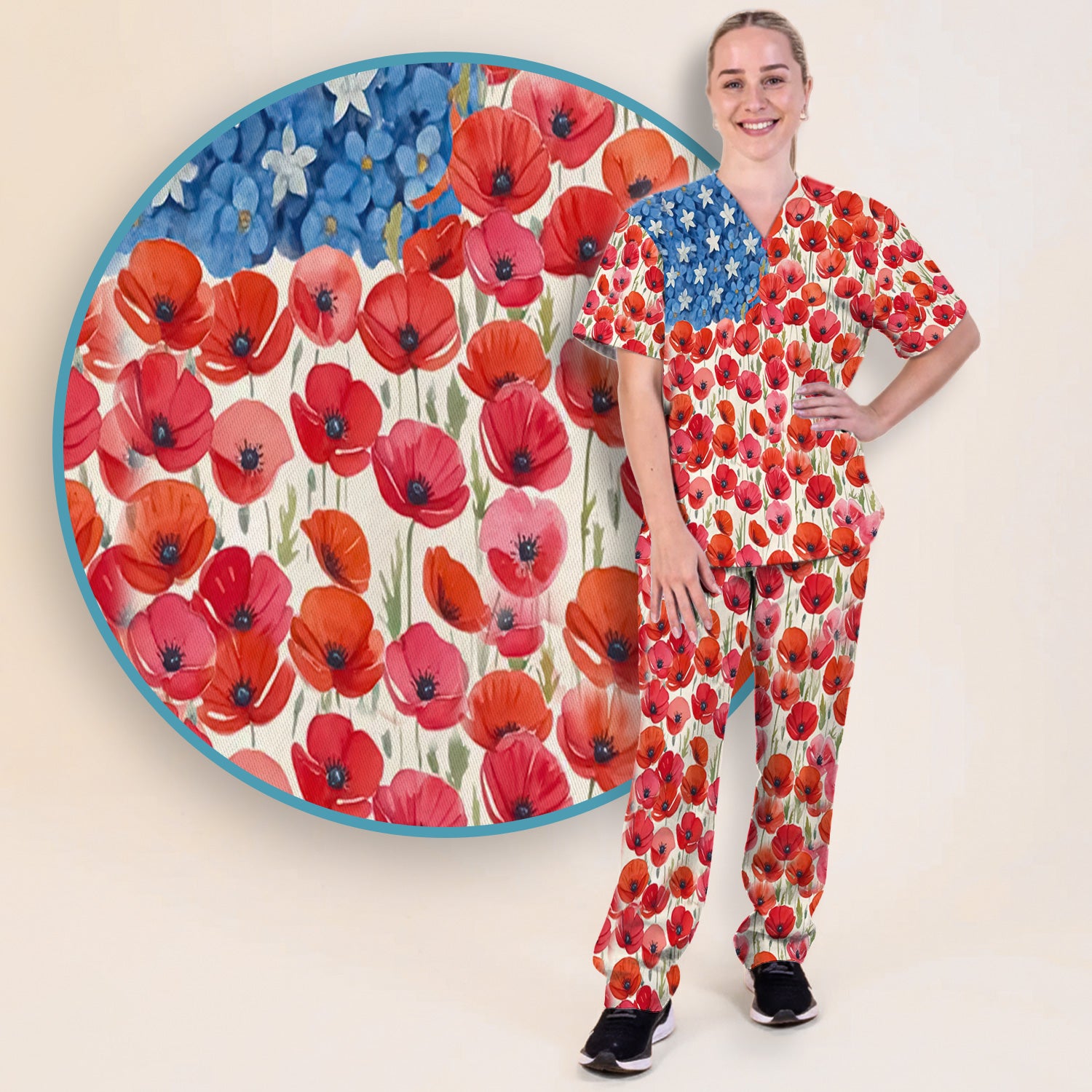 Memorial Day Nurse Poppy American Flag Scrub Set, Scrub Pants and V Neck Top