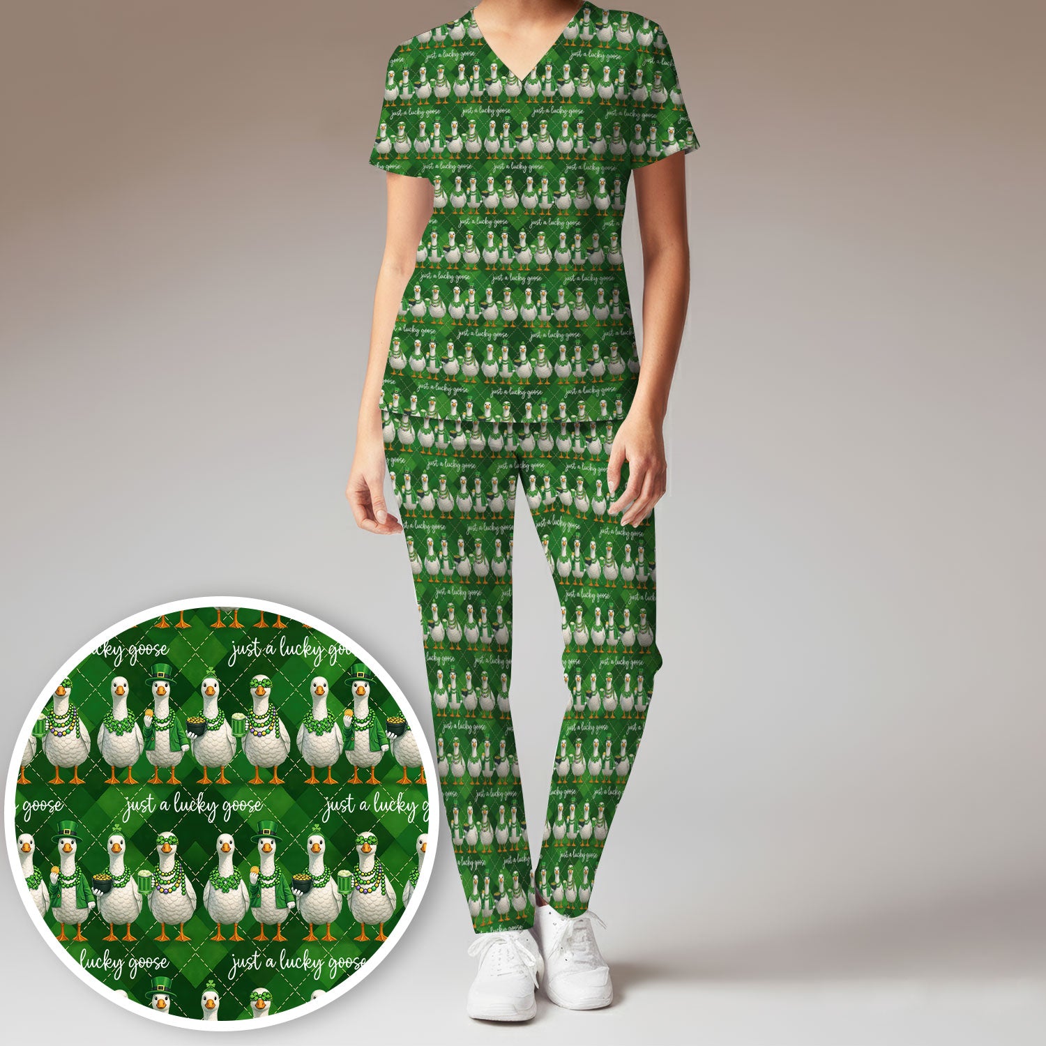 Lucky Goose St Patrick Green Argyle Print Set, Breathable Med Uniform