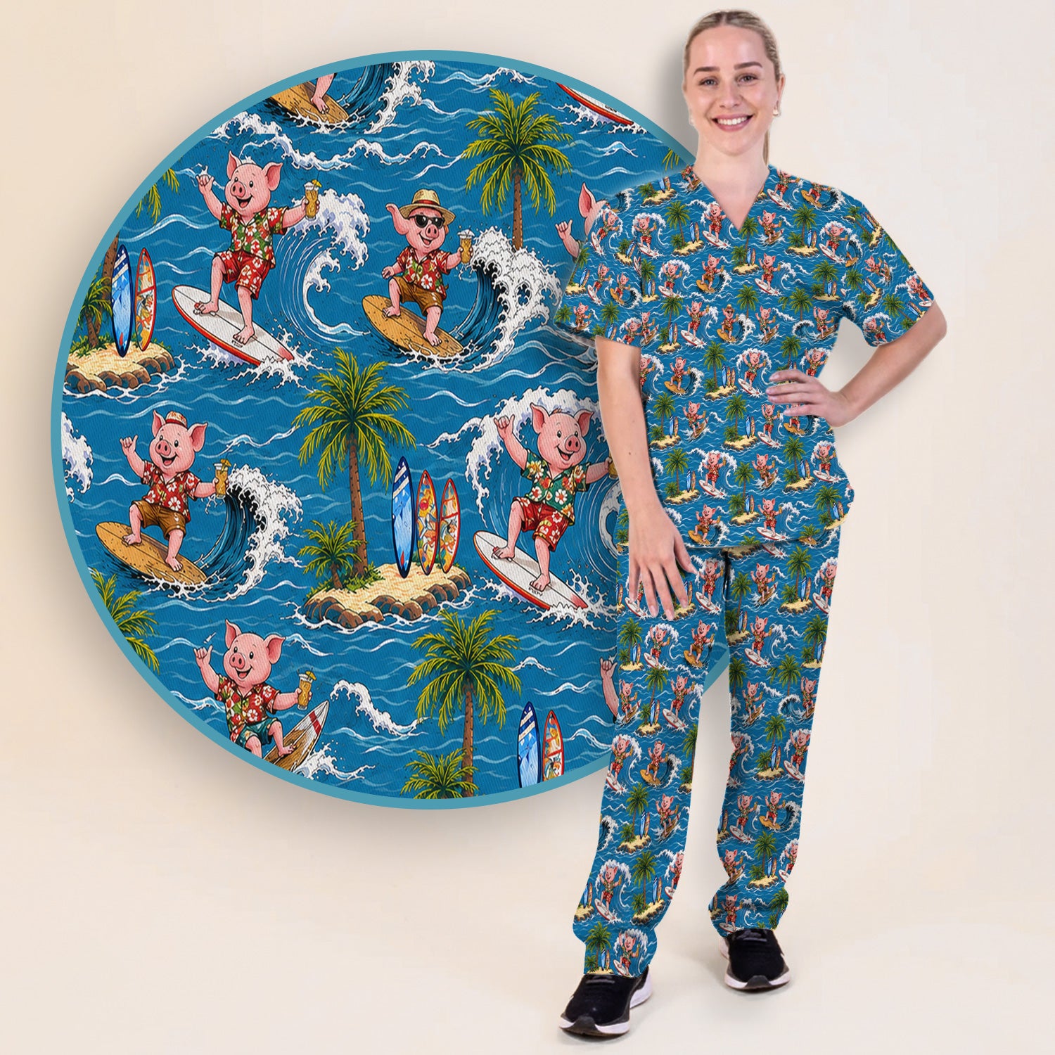 Tropical Surfing Pig Island Pattern Scrub Set, Scrub Pants and V Neck Top