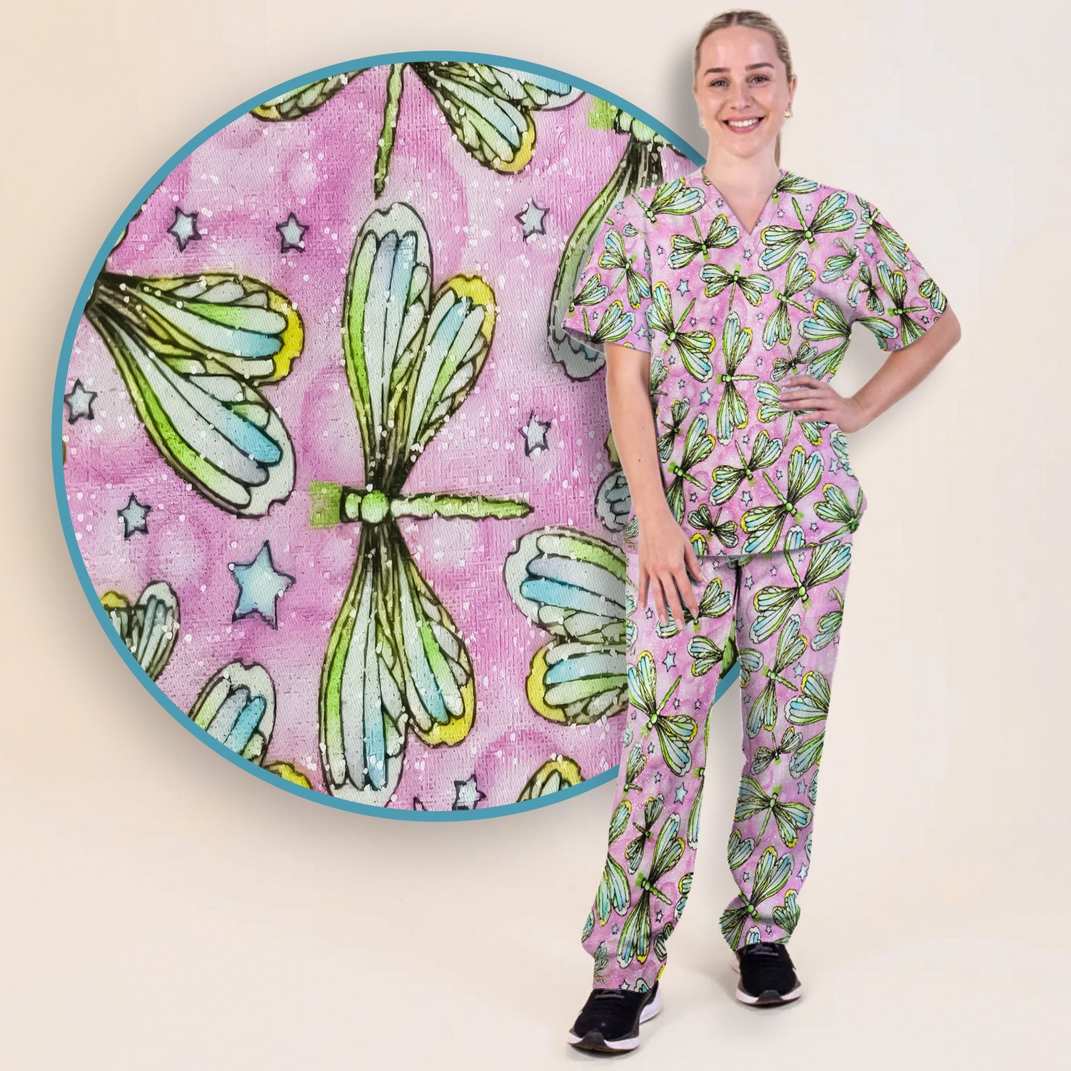 Dragonfly On Pink Starry Background Scrub Set, Scrub Pants and V Neck Top