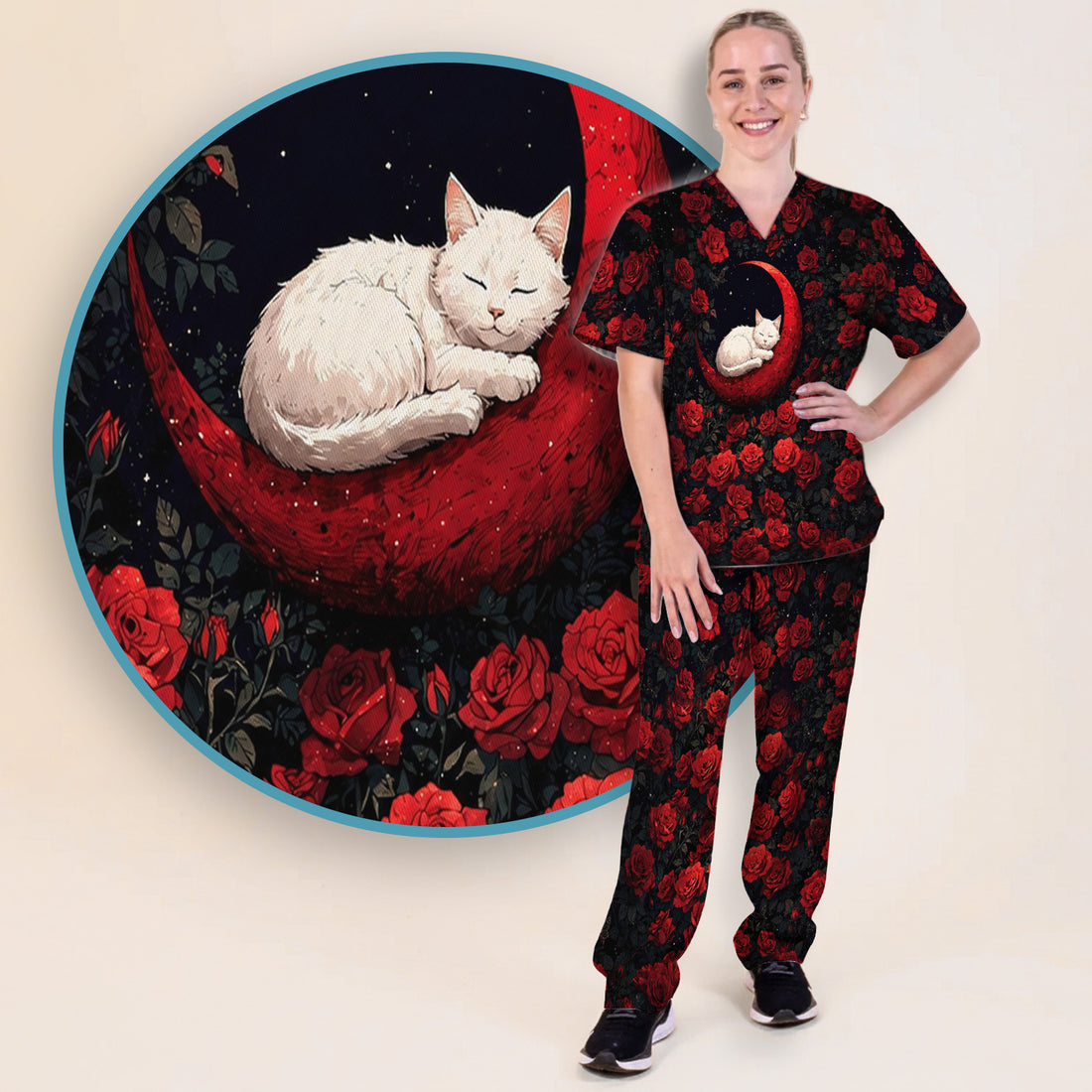 Gothic Red Moon Cat Nurse for Veterinary Staff, RN, CNA, Rose Medical Scrub Set, Scrub Pants and V Neck Top