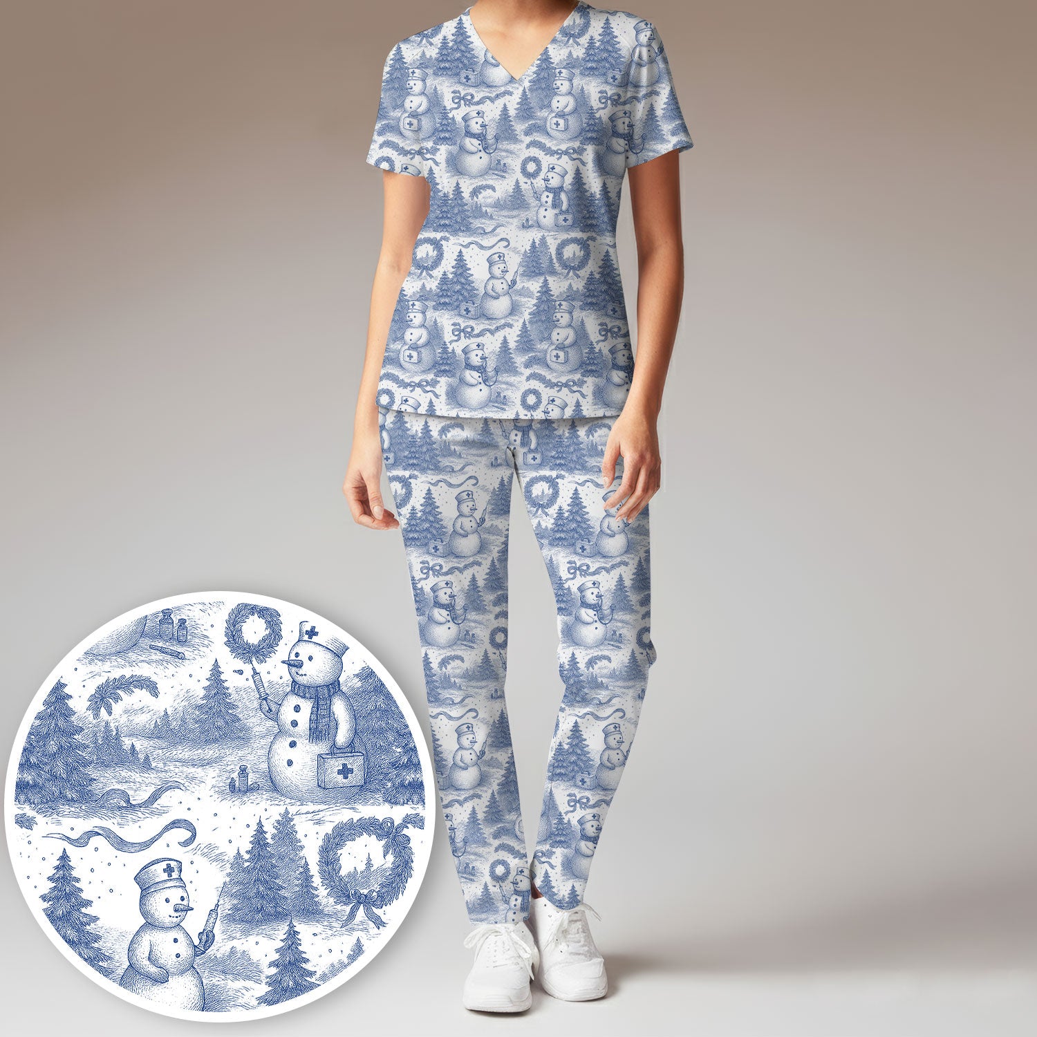 Toile de Jouy Christmas Scrubs Set – Elegant Snowman and Nurse Pattern – Classic Holiday Scrub Top and Pants for Women
