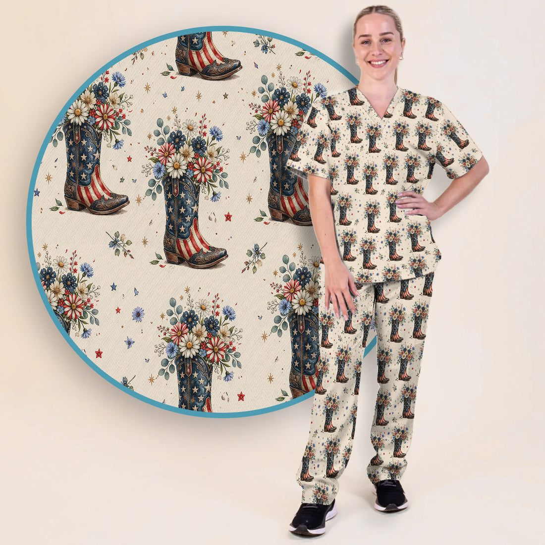 Festive Patriotic Cowboy Boots Flower Pattern Scrub Set, Scrub Pants and V Neck Top
