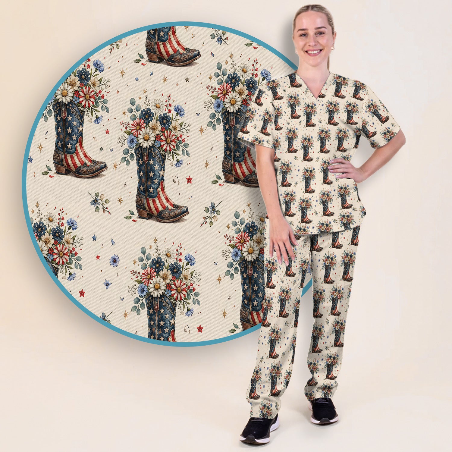 Festive Patriotic Cowboy Boots Flower Pattern Scrub Set, Scrub Pants and V Neck Top
