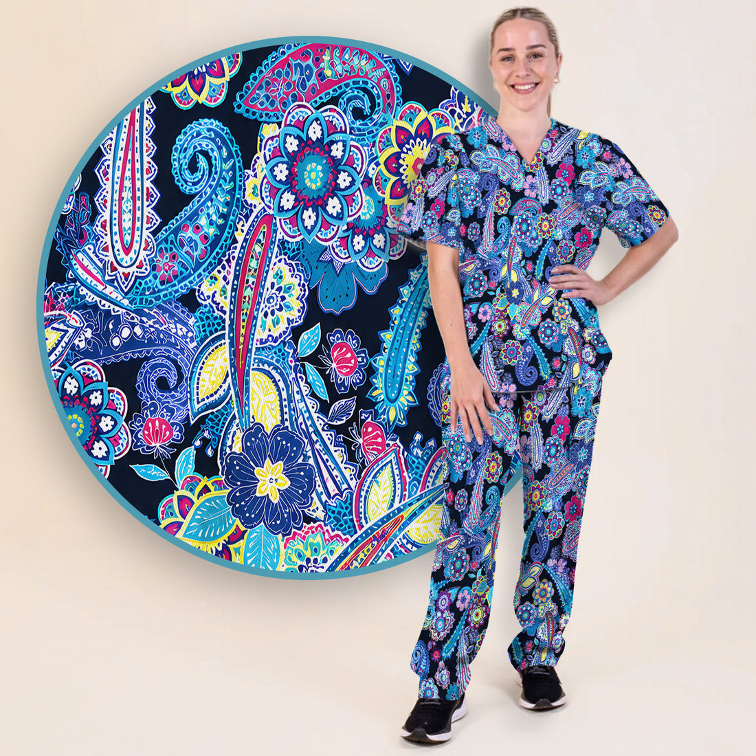 Vibrant Paisley Floral Pattern Scrub Set, Scrub Pants and V Neck Top