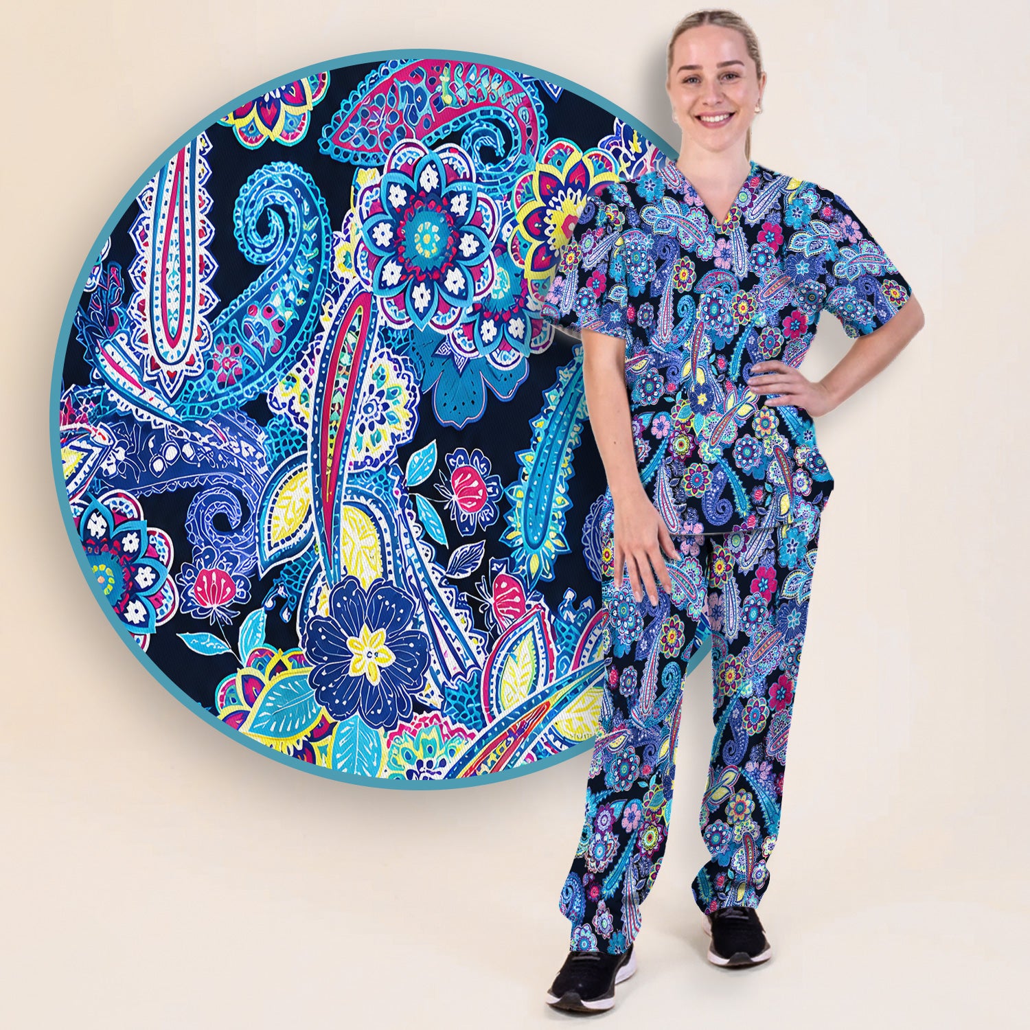 Vibrant Paisley Floral Pattern Scrub Set, Scrub Pants and V Neck Top