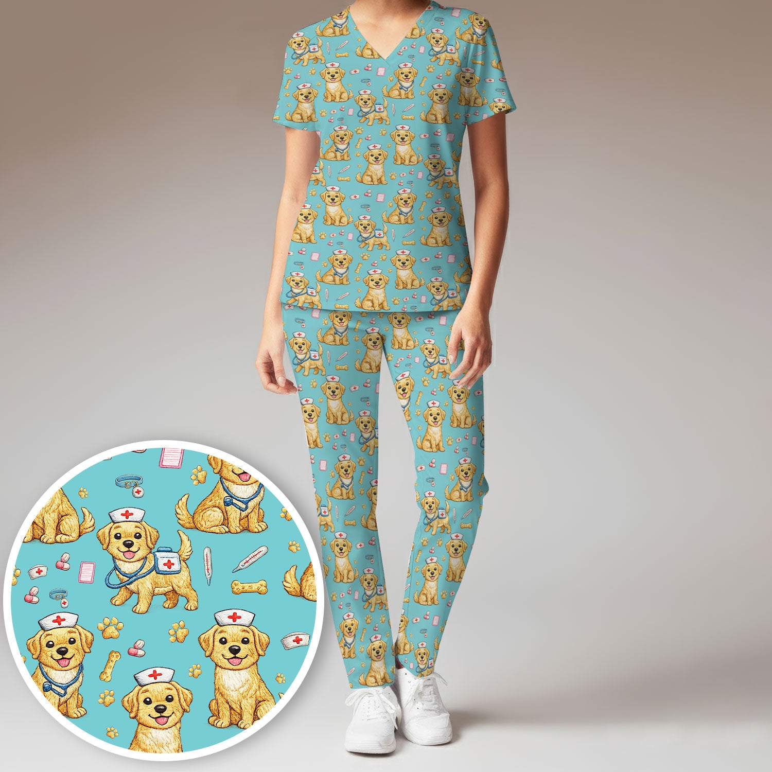 Cute Puppy Nurse Medical Print Women’s Scrub Set, Scrub Pants and V Neck Top