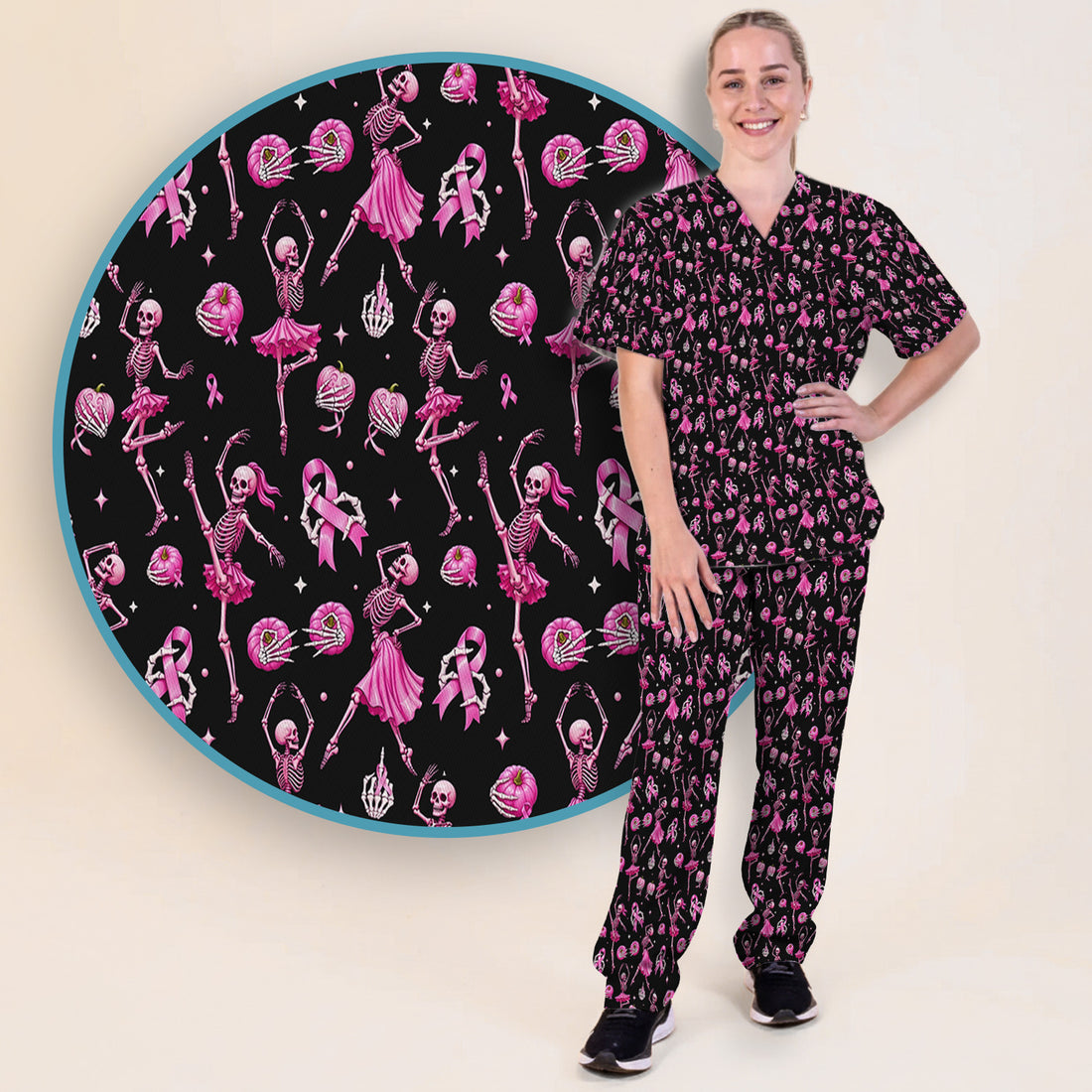 Pink Ribbon Skeleton Ballerina Print Scrub Set, Scrub Pants and V Neck Top